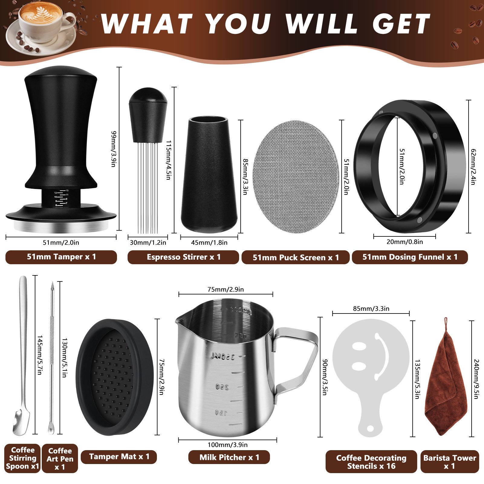 OSTWOLKE Tamper Kaffee Tamper 51mm Set, 25-teiliges Barista Zubehör Set
