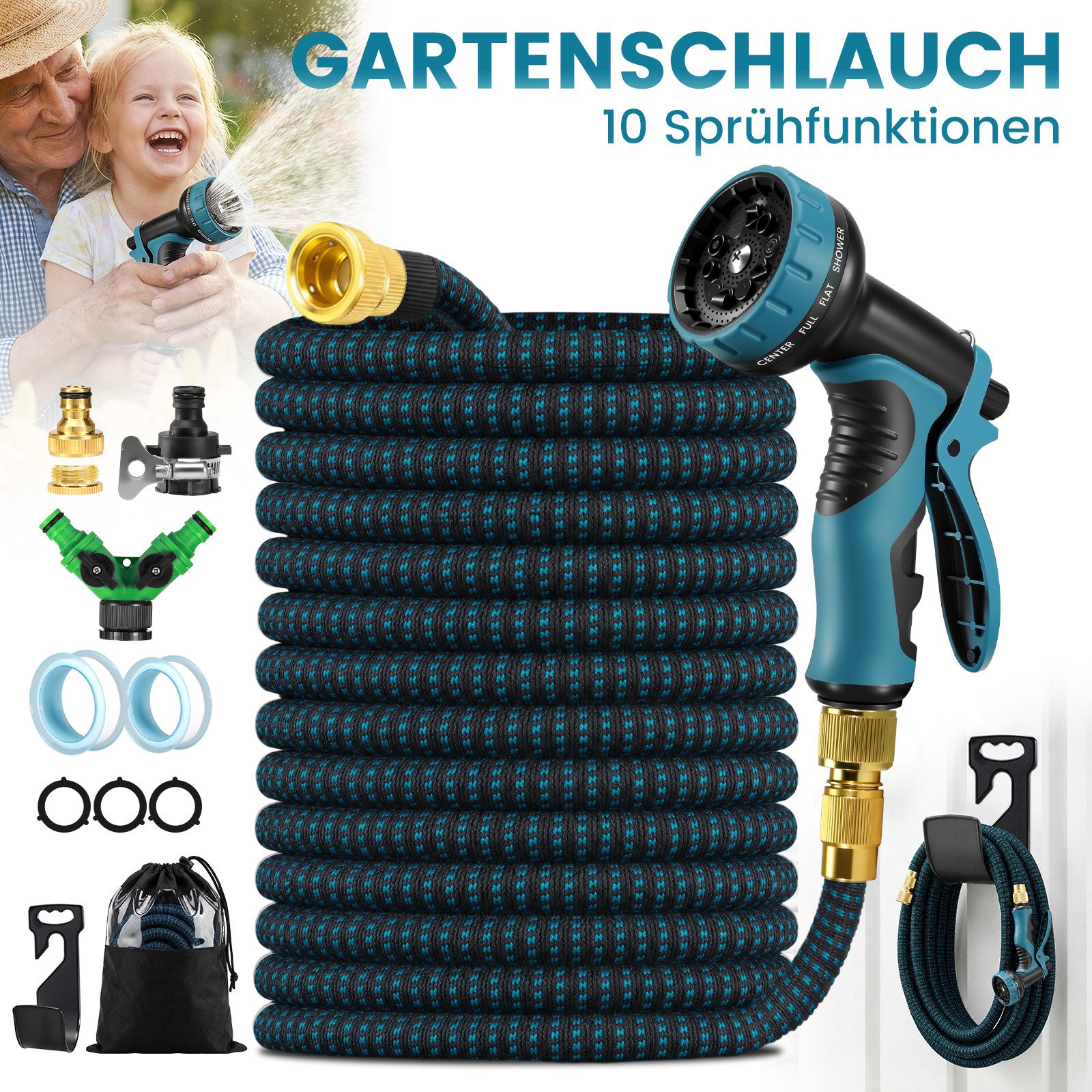 Bundviel Gartenschlauch Mit 10 Funktionen Flexibler dehnbarer Wasserschlauch 15-30m, kein verknoten Flexischlauch, Schlauch Flexibel Bewässerung, 1/2 Zoll,3/4 Zoll