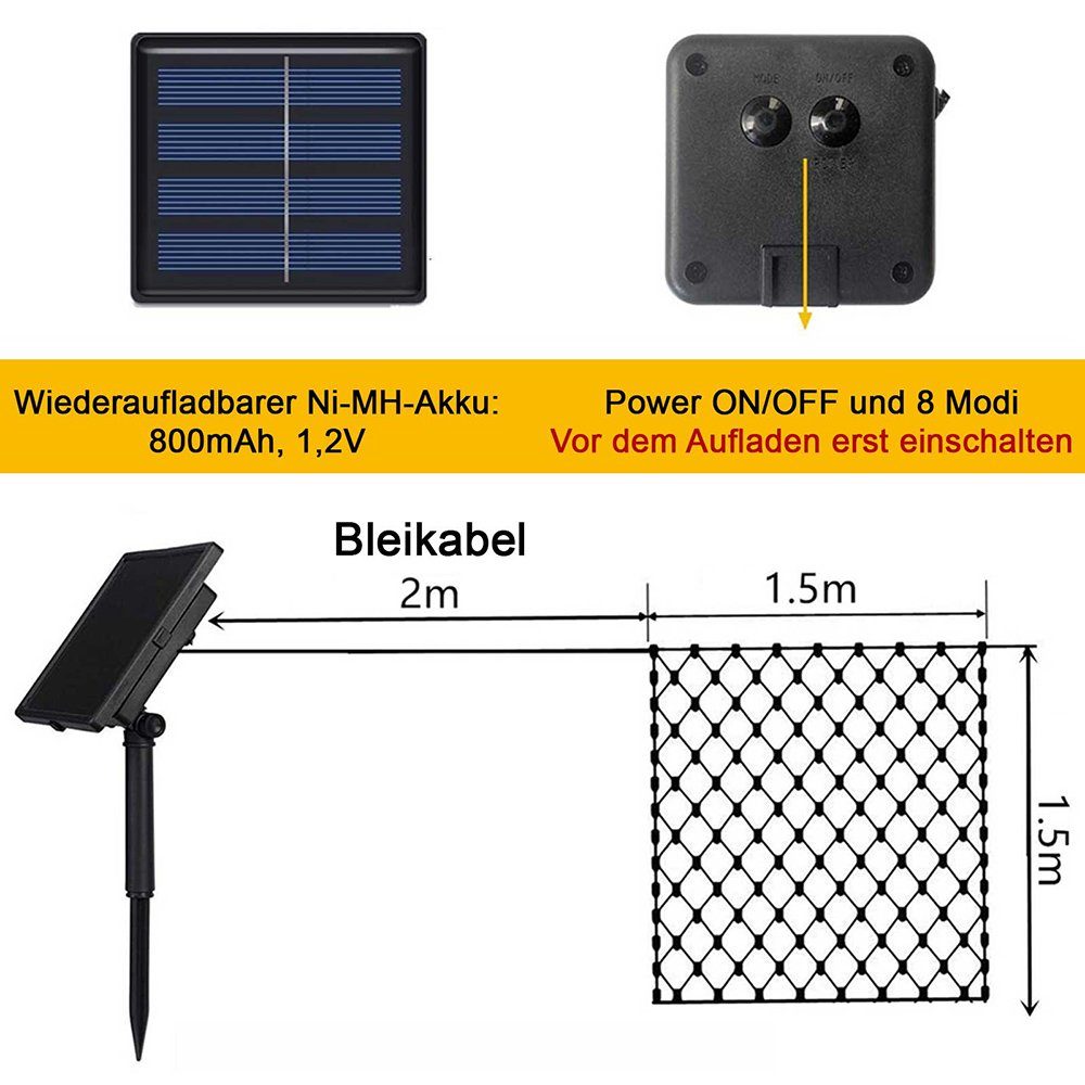 MUPOO LED-Lichternetz Led 204LEDs Warmes Lichtervorhang, Dekor Fenster,Schaukeln,Büsche 3X2M,LED 1.5X1.5M 100LEDs Solarleuchten Modi,IP65 Weiß Wasserdicht,4 / Farben,Wand 8