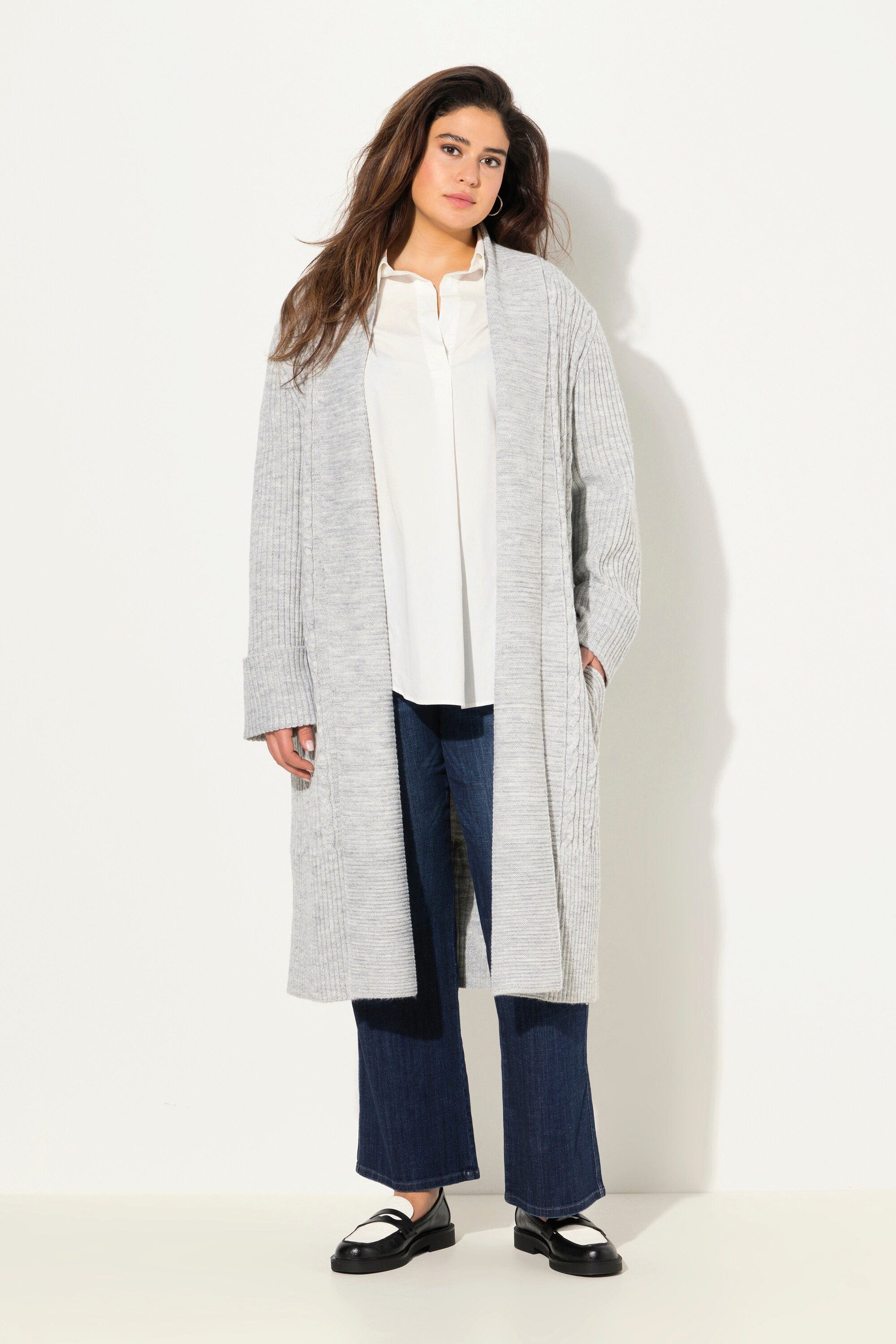 Strickjacke Long-Strickjacke meliert offene Form Langarm
