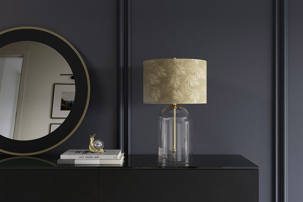 riess-ambiente Tischleuchte CLASSICO 50cm transparent/weiß/gold – Leinenschirm mit Palmen-Muster, Ein-/Ausschalter, ohne Leuchtmittel, Wohnaccessoire im Vintage-Stil, Design-Glasfuß, für Nachtschrank