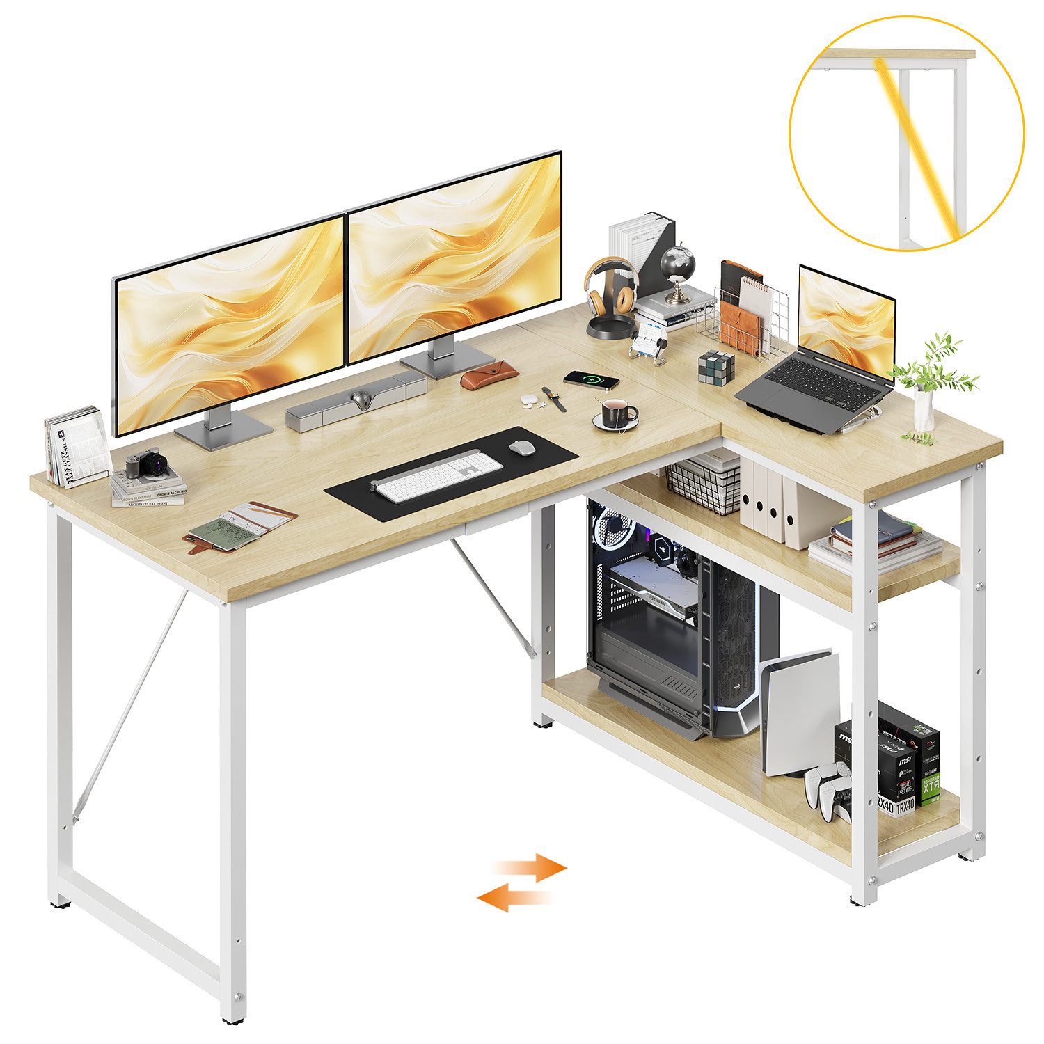 HOMALL Eckschreibtisch 100/120L Form mit Ablagefächern, 2 Tier DIY Lagerregalen Computertisch (L-formiger Schreibtischumit Regal,100/120/140/160cm,Geeignet fur Burotisch, Arbeitszimmer, Schlafzimmer), Schreibtisch,PC Tisch,Heimbüro