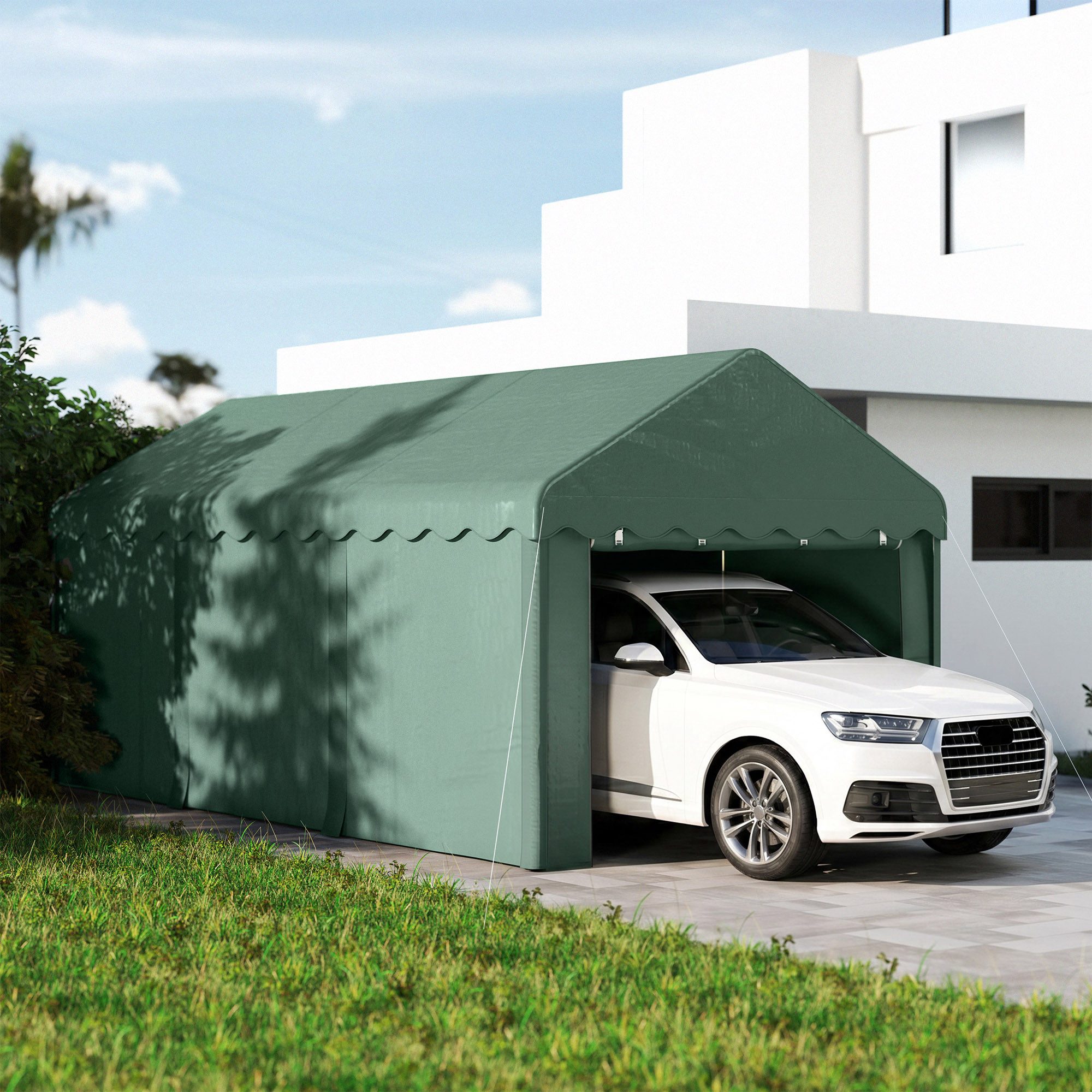 Outsunny Einzelcarport Zeltgarage mit Rolltüren und Dach, Garagenzelt, BxT: 594x300 cm, 280 cm Einfahrtshöhe, (Zeltgarage, 1 St., Carport), UV-beständig, wasserdicht, für Auto, LKW, SUV, Boot, Grün