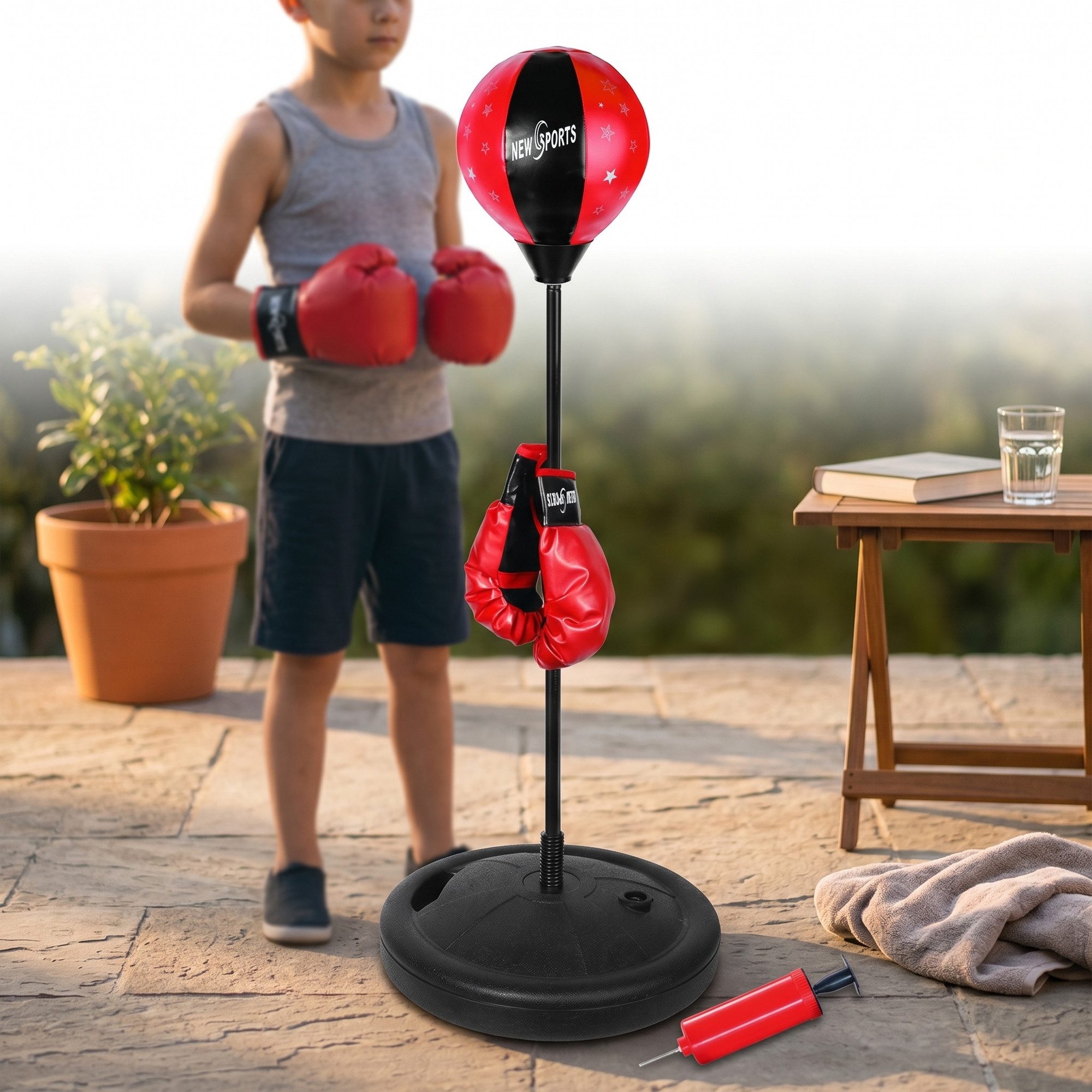 Mucola Standboxball Standboxsack für Kinder – höhenverstellbar, Standfuß & Boxhandschuhen (Trainingsset, 1-tlg., 4-teiliges Set), Höhenverstellbar, federnder Bo – Bild 4 von 5