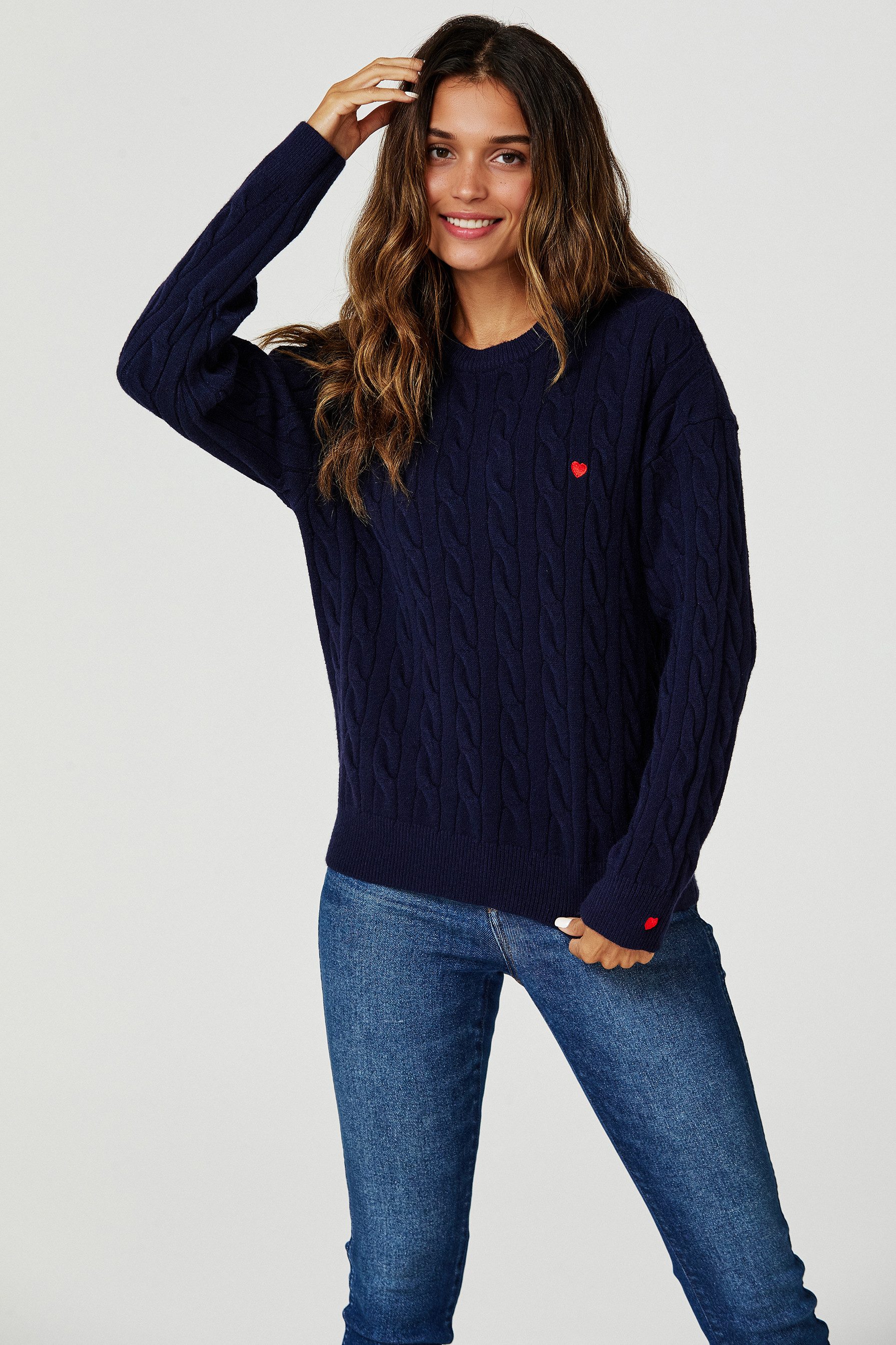 FS Collection Strickpullover Damen Strickpullover Zopfmusterpullover Pullover-Oberteil mit Herz (Einheitsgröße: UK 8–16 / EU 36–44, 4 Farben : Navy, Grau, Dark Fuchsia und Creme) 56% Viscose, 26% Polyester, 18% Wool