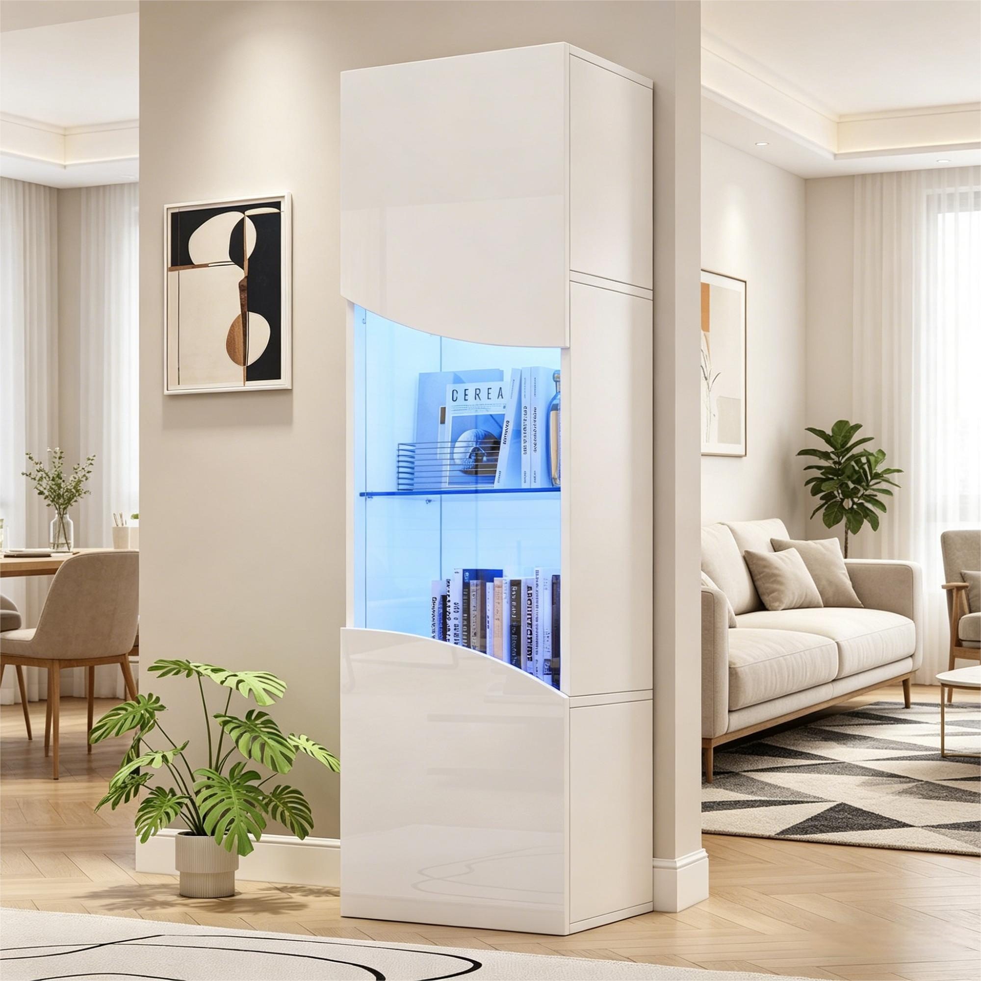 Merax Vitrine Hochglanz Vitrinenschrank mit LED (35 x 50 x 165 cm, 1-St) schmaler Wohnzimmerschrank Glasvitrine mit Wellenfront,großem Stauraum
