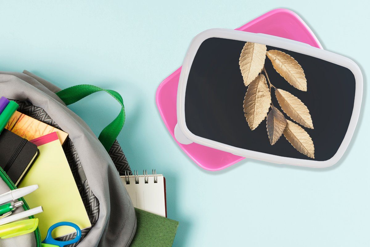 Kunststoff Luxus - Schwarz Blätter Kunststoff, (2-tlg), Gold Mädchen, - Lunchbox Kinder, - Pflanzen, Snackbox, - rosa Brotdose Brotbox für MuchoWow Erwachsene,