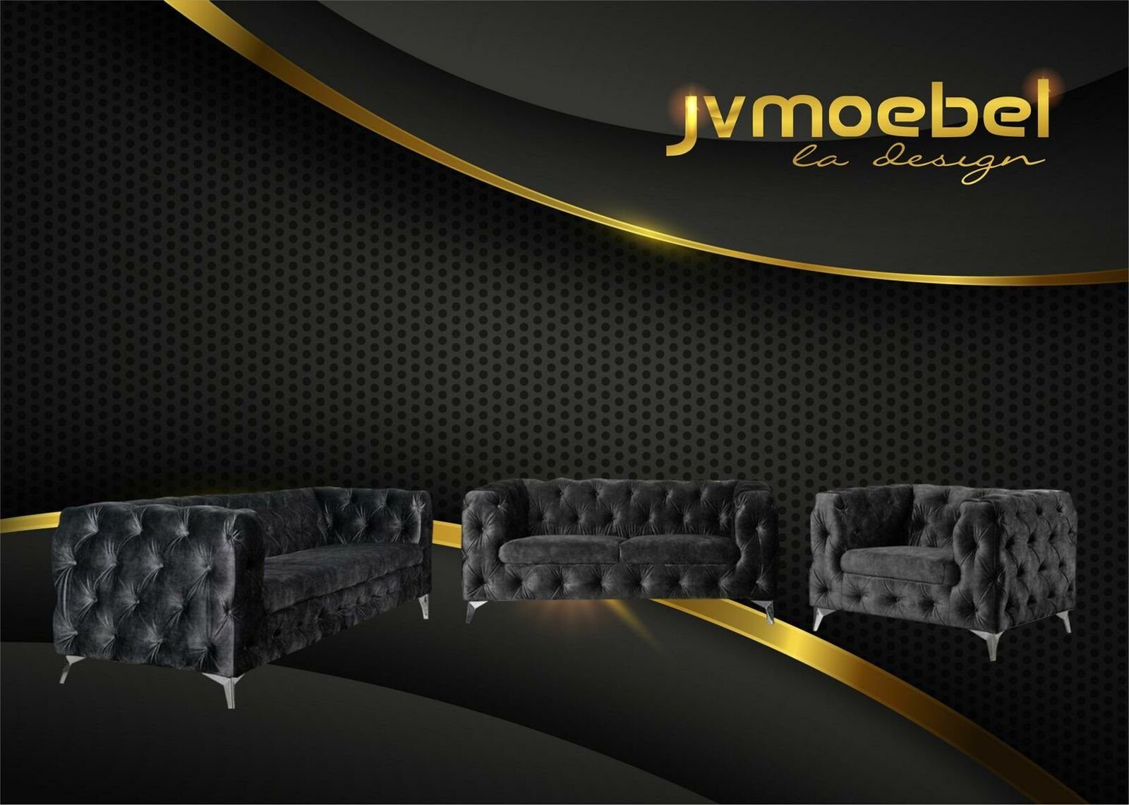 JVmoebel Chesterfield-Sofa, Garnitur Wohnlandschaft Sitzer Sofagarnitur Textil Design Schwarz 321 Chesterfield Couch