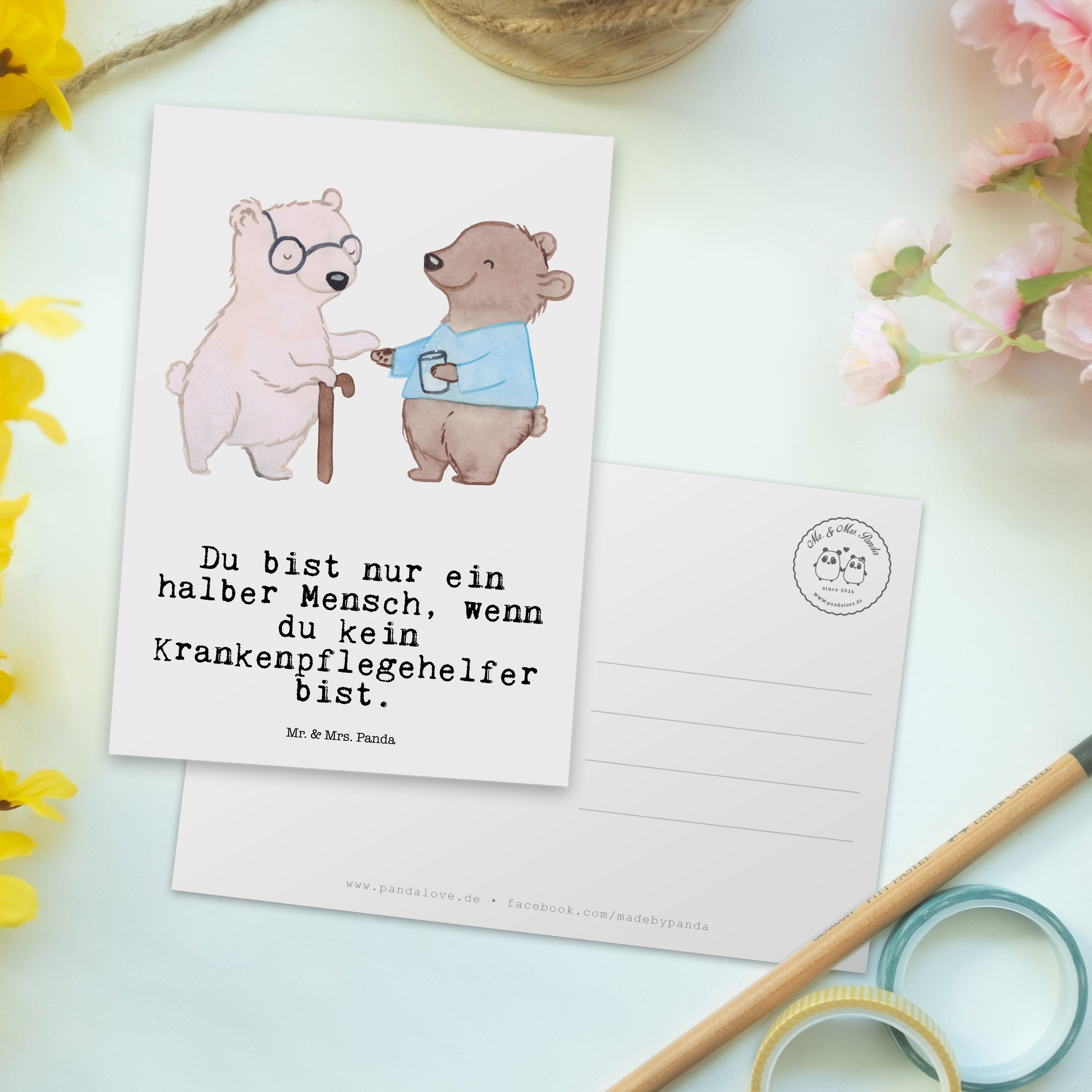 Mrs. Postkarte - Panda Einladun Weiß - Geschenk, Dankeskarte, mit Mr. Krankenpflegehelfer & Herz