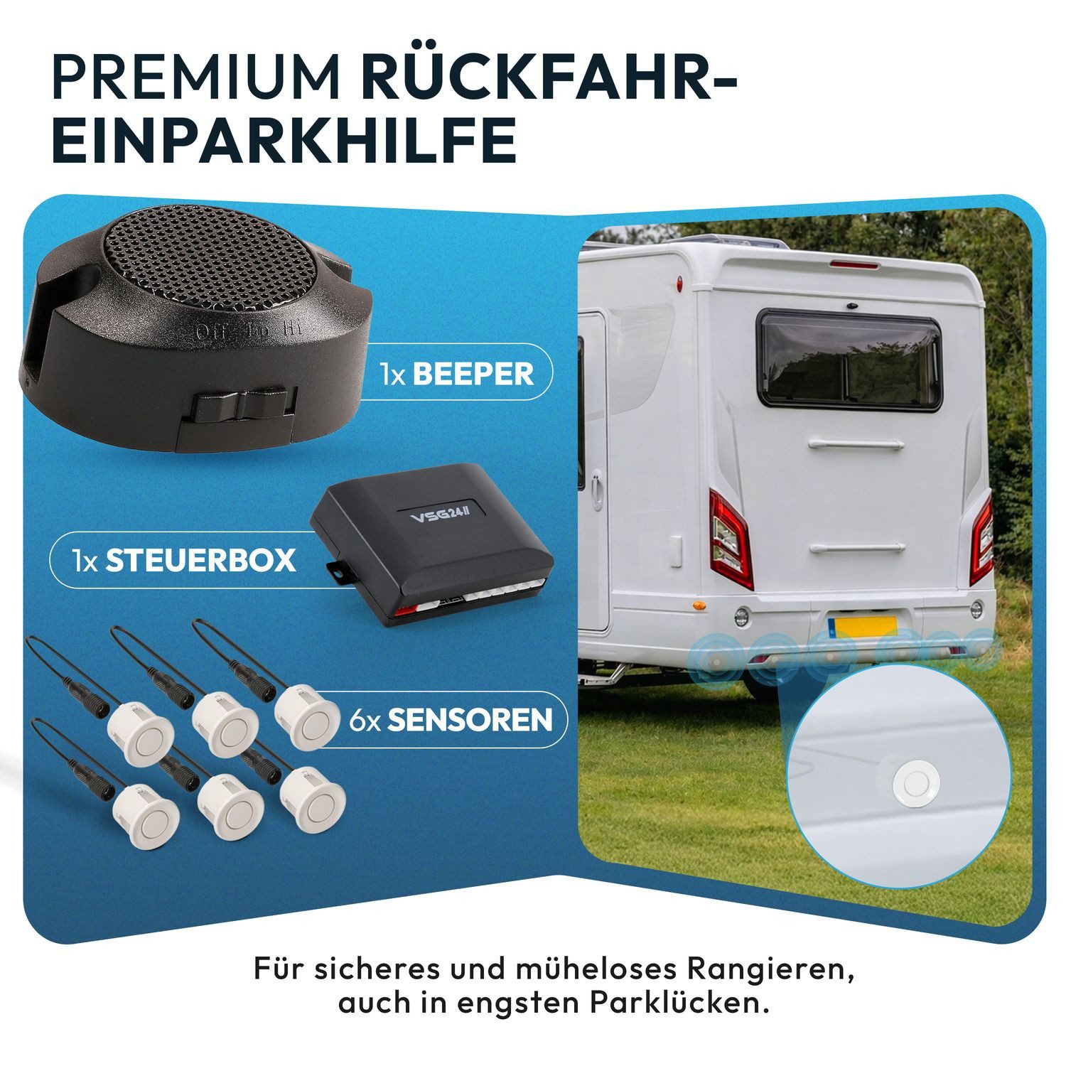 VSG24 Premium Einparkhilfe ECHO PLUS WOHNMOBIL Parkhilfe zum nachrüsten PDC Rückfahrkamera (Rückfahrwarner mit Lautsprecher & 6 Sensoren Stecksystem Nachrüstsatz)