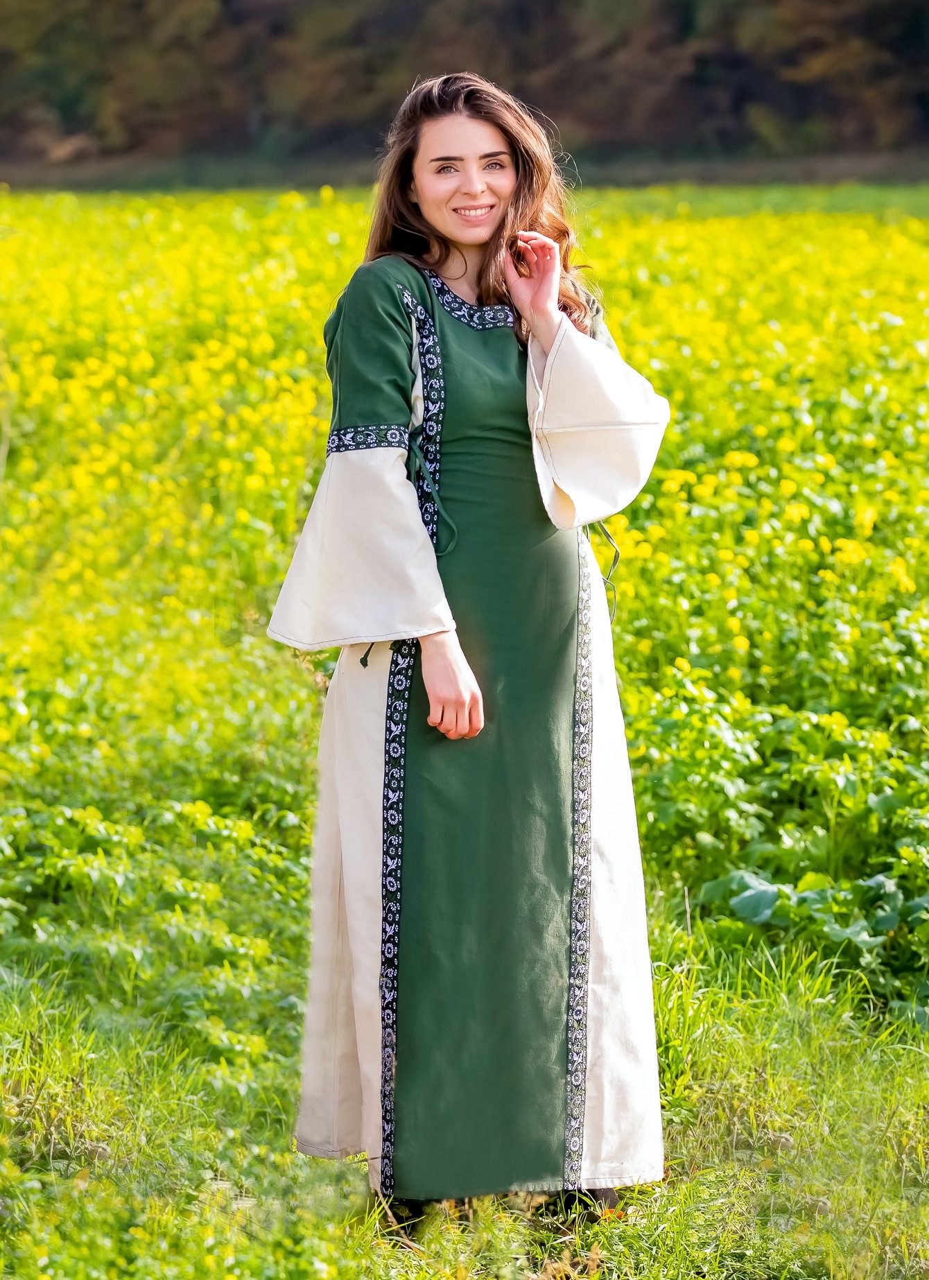 Leonardo Carbone Burgfräulein-Kostüm Trompetenärmelkleid "Sophie" mit Bordüre, seitliche Schnürungen, hochwertige Baumwolle