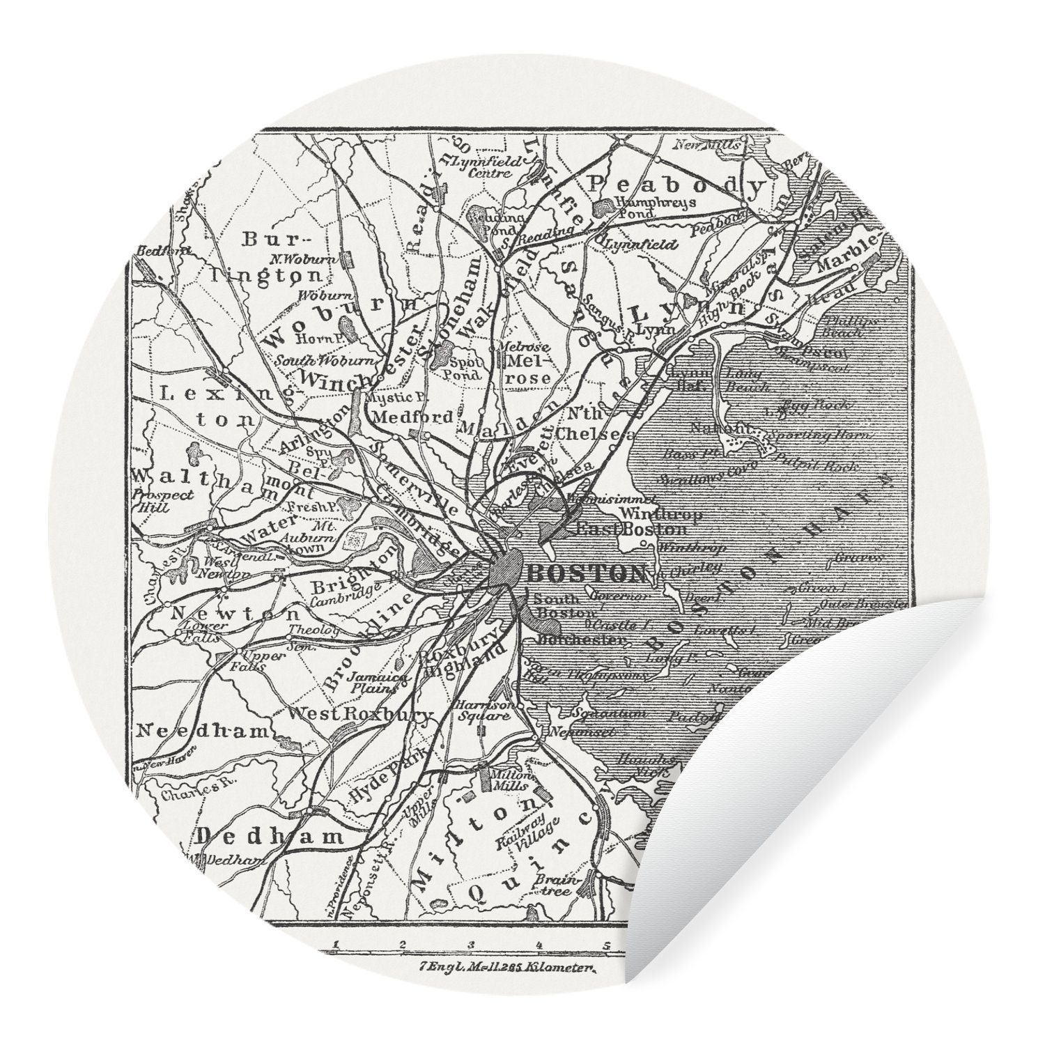 MuchoWow Wandsticker Schwarz-weiße Illustration einer Karte von Boston (1 St), Tapetenkreis für Kinderzimmer, Tapetenaufkleber, Rund, Wohnzimmer