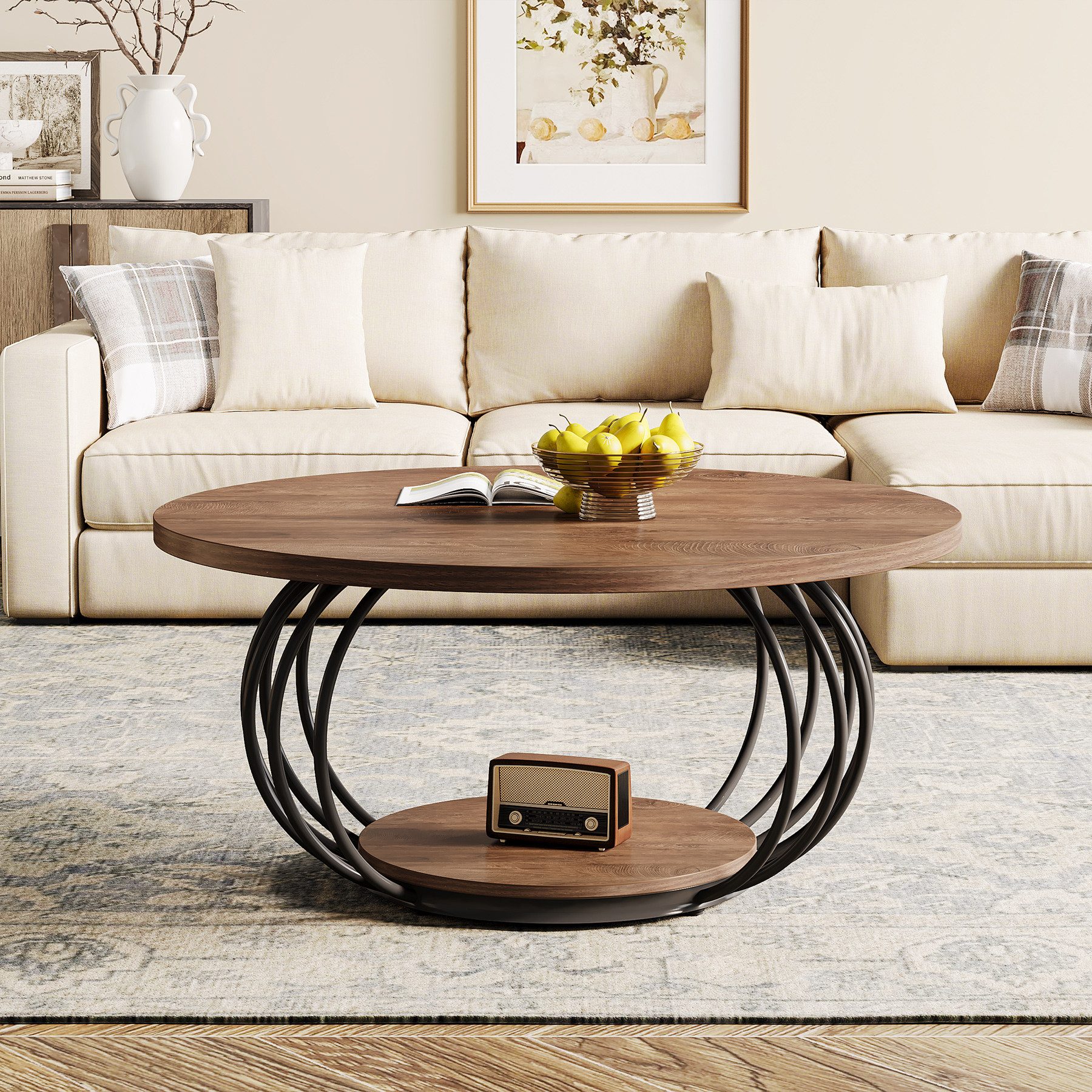 Tribesigns Couchtisch 100 cm Runder Wohnzimmertisch mit Stauraum, 2-stöckiger Metallrahmen – Bild 4 von 5