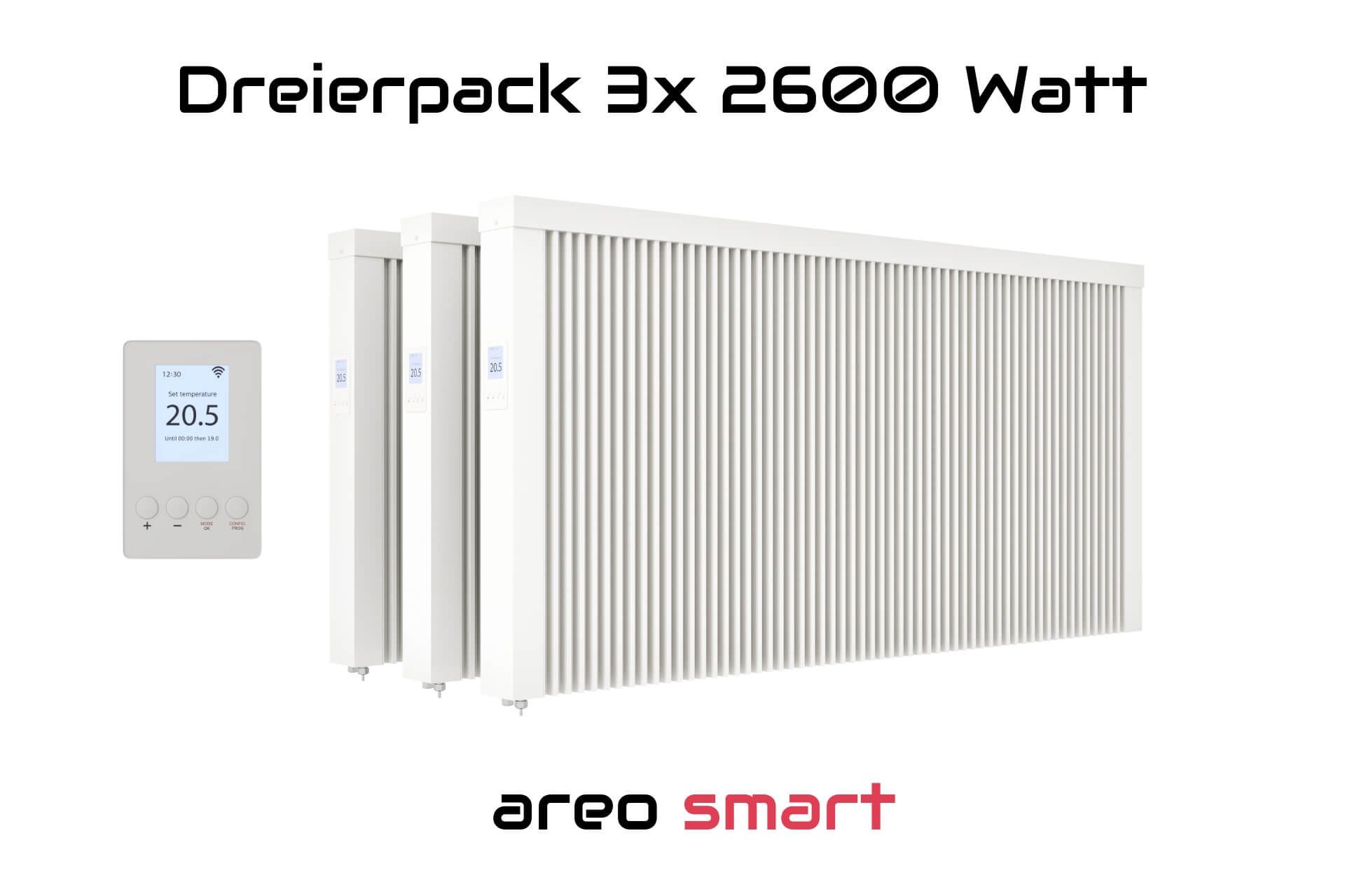 eVARMO Elektro-Heizkörper Paketset Flächenspeicherheizung areo smart 2600, Digitales Thermostat mit LCD-Display und 4 Knöpfen