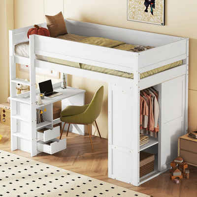 OKWISH Hochbett ausgestattet mit Kleiderschrank, Schreibtisch und Schubladen (vielseitiges Kinderbett, 90*200cm) ohne Matratze