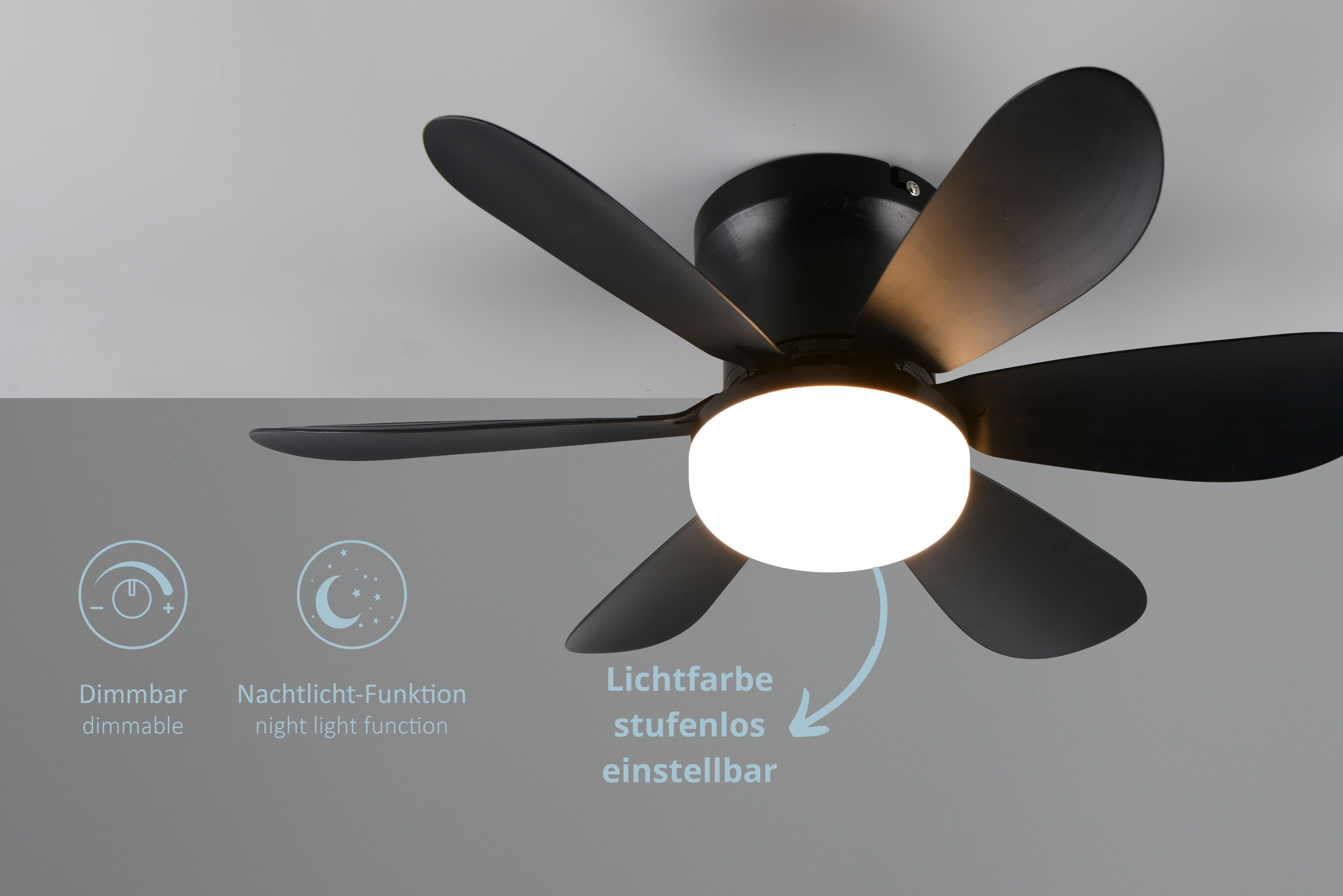 lightling LED Deckenleuchte Lunar, Helligkeit und Lichtfarbe stufenlos einstellbar, LED fest integriert, kaltweiße bis warmweiße Lichtfarbe, Ventilator mit 3 Geschwindigkeitsstufen, Fernbedienung, Timerfunktion