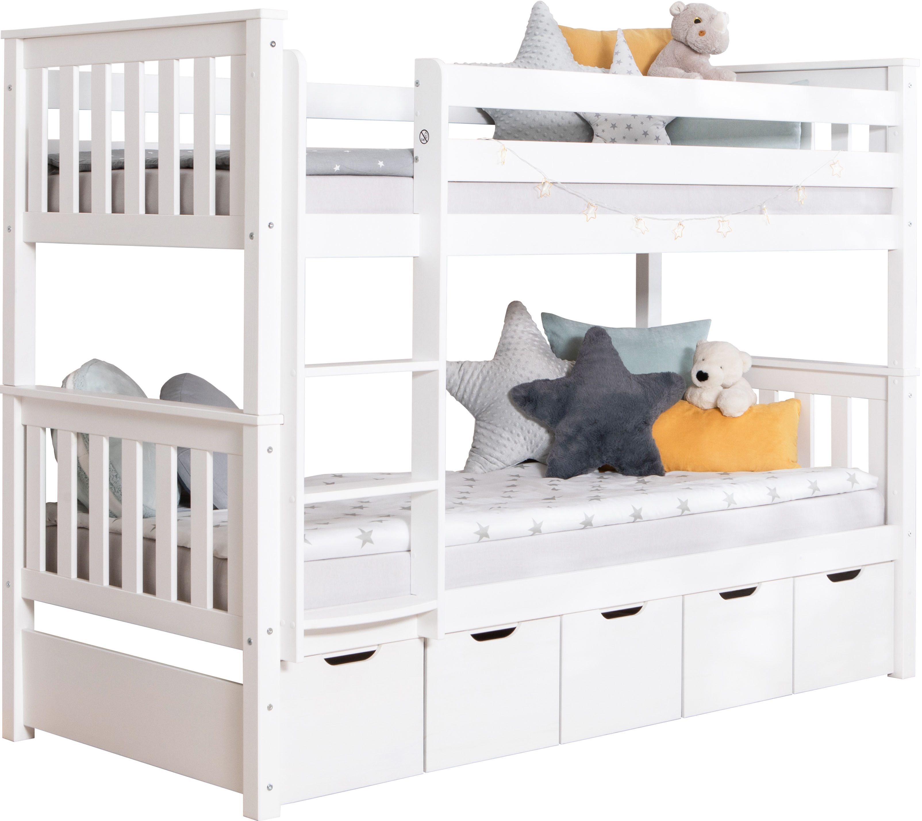 Ticaa Etagenbett Sammy (90x200cm), mit Stauraum, umbaubar zu 2 Einzelbetten, Rollrost, Massivholz