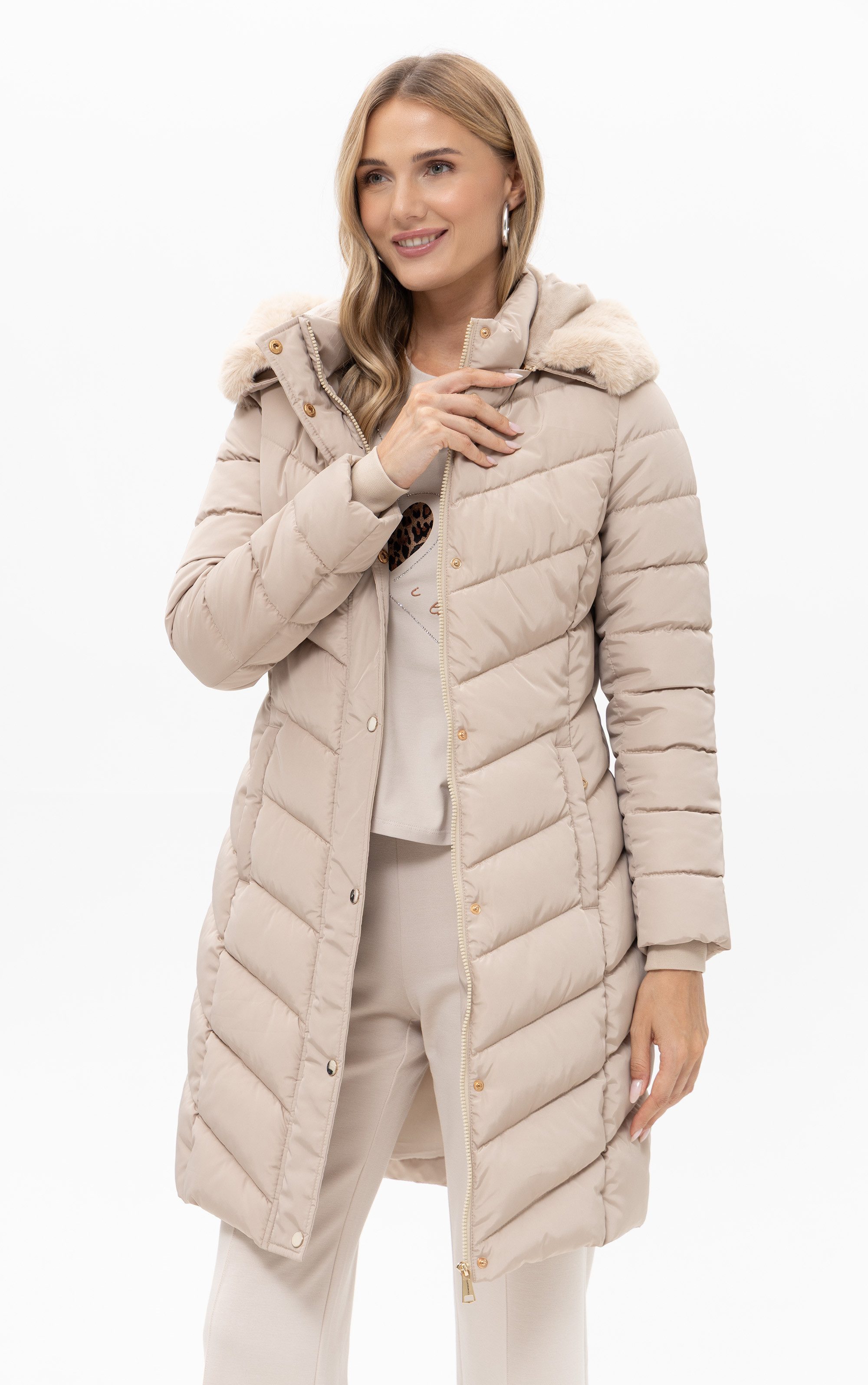 Passioni Winterjacke Lange Steppjacke mit Kapuze mit abnehmbaren Kunstfellb günstig online kaufen