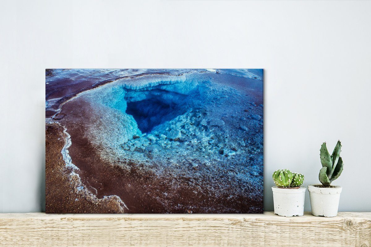 Island, Europäischen 30x20 Geysir Leinwandbilder, OneMillionCanvasses® hellblaue Wasser St), Leinwandbild Das cm Wanddeko, (1 Wandbild in am Aufhängefertig,