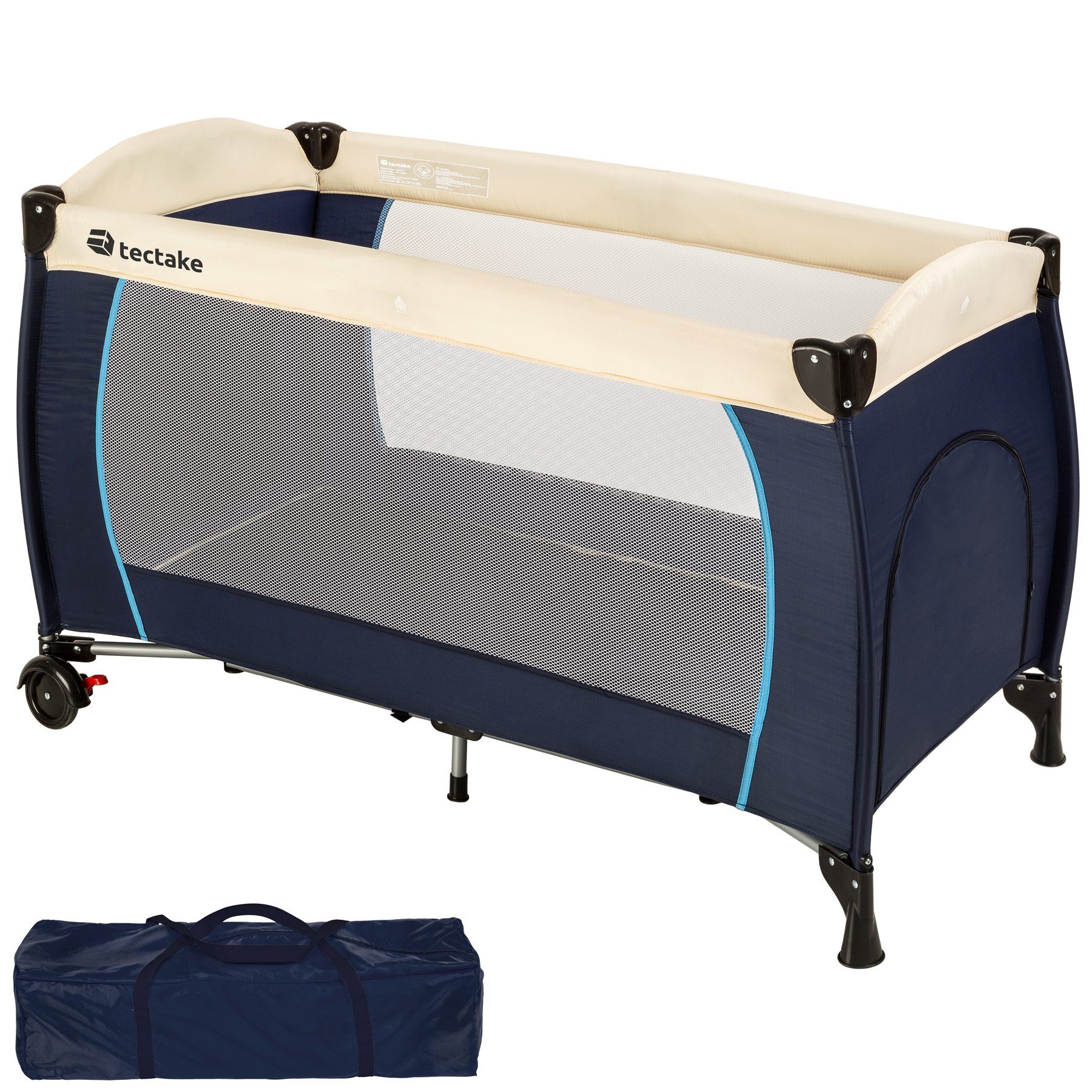 tectake Baby-Reisebett Kinderbett 126x65x80cm mit Transporttasche, mit großen Mesh-Einsätzen und Seiteneingang in blau