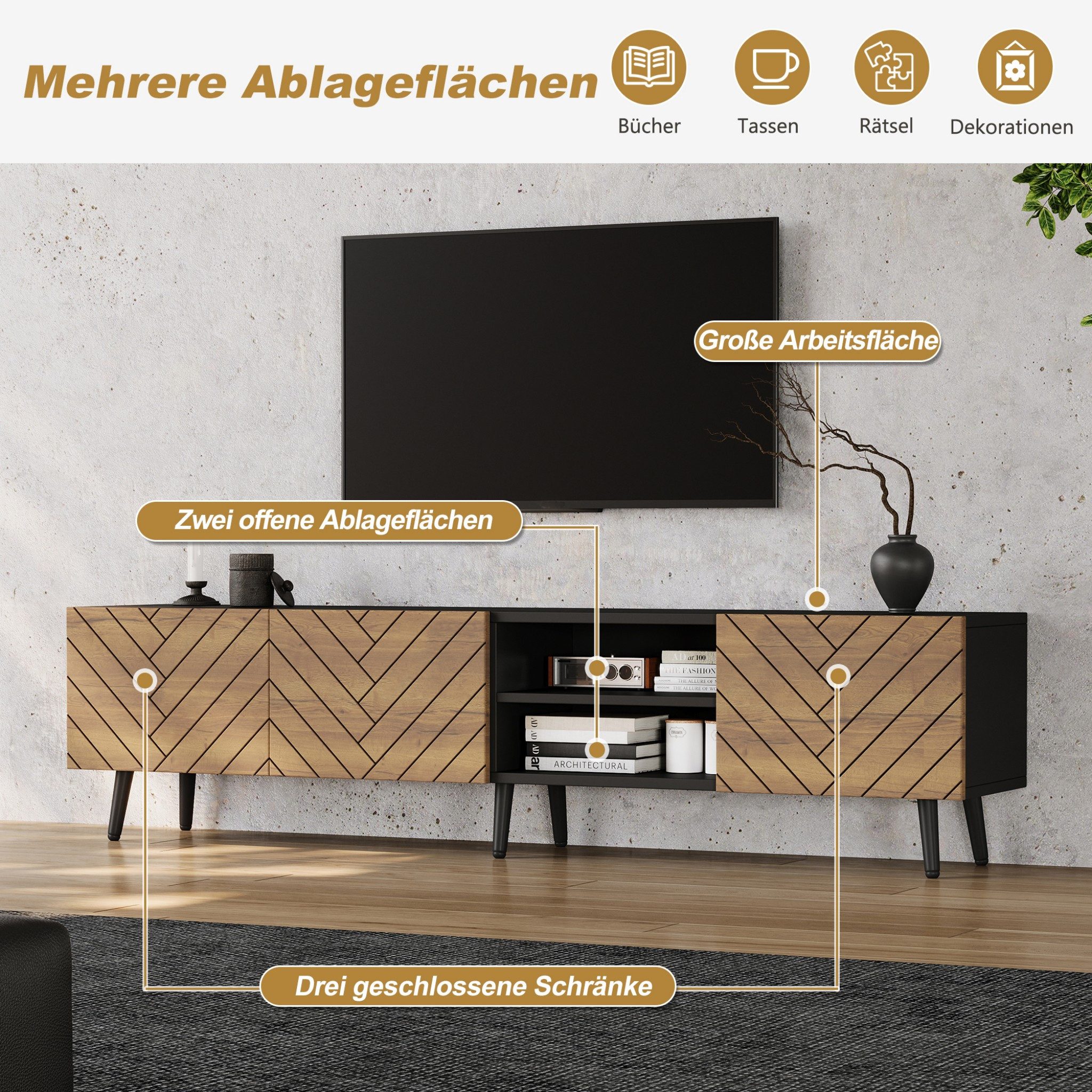 BlingBin Lowboard TV Schrank 180 cm mit Fischgrätenfront, offenem Mittelfach (Fernsehschrank, 1 St., TV Lowboard 180x33,5x45 cm), TV-Schrank in Holzoptik/Schwarz, für Fernseher bis 75 Zoll