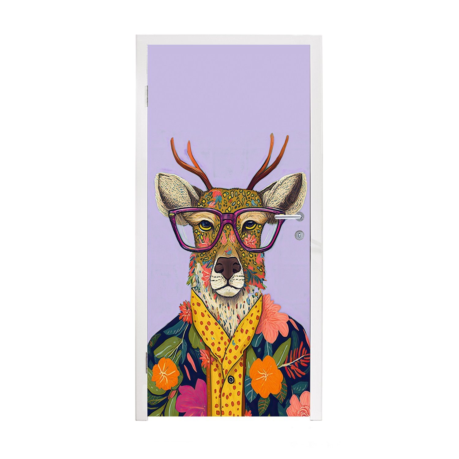 MuchoWow Türtapete Hirsche - Tiere - Blumen - Hippie, Matt, bedruckt, (1 St), Fototapete für Tür, Türaufkleber, 75x205 cm | Türtapeten