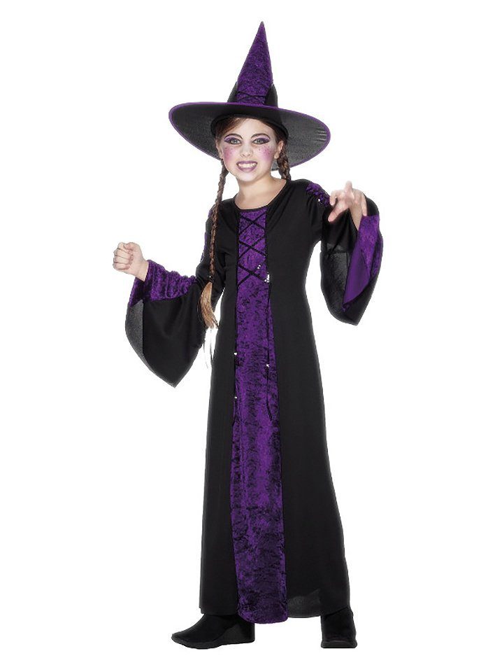 Smiffys Hexen-Kostüm Düstere Hexe - Halloween Kostüm Kinder Mädchen, Bodenlanges Halloweenkostüm mit Hexenhut für Mädchen