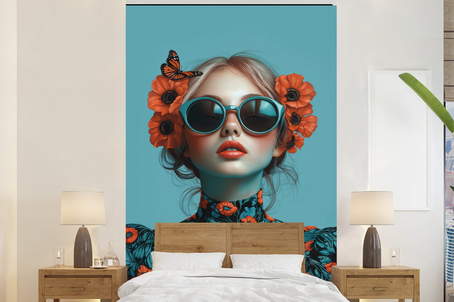 Fototapete Frau - Blau - Schmetterling - Floral - Ästhetisch