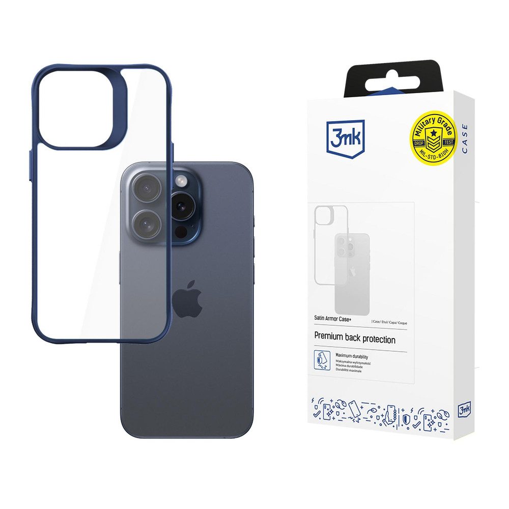 3MK Smartphone-Hülle 3mk Satin Armor Case+ Blau für Apple iPhone 15 Pro - transparent, Panzerhülle, Shock-Pocket, Kantenschutz, satinierter Rahmen