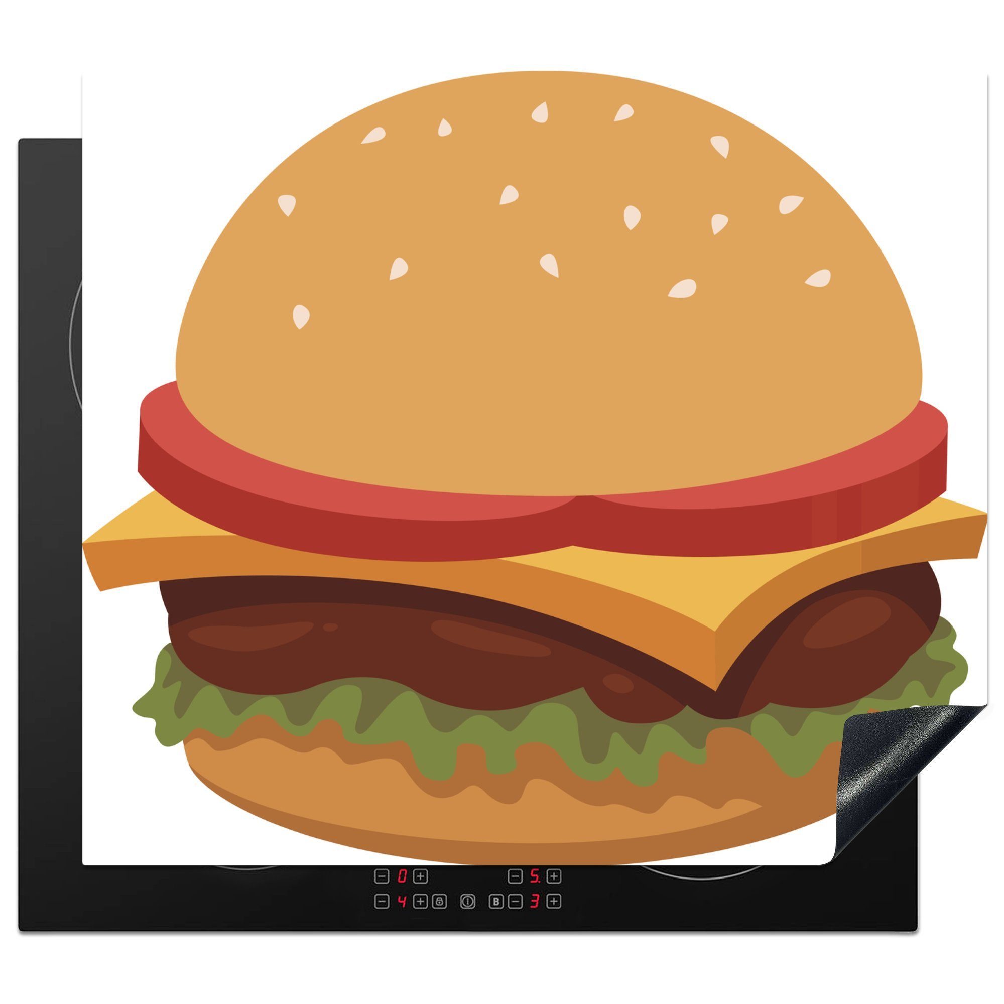 MuchoWow Herdblende-/Abdeckplatte Eine Cartoon-Illustration eines Hamburgers, Vinyl, (1 tlg), 60x52 cm, Mobile Arbeitsfläche nutzbar, Ceranfeldabdeckung