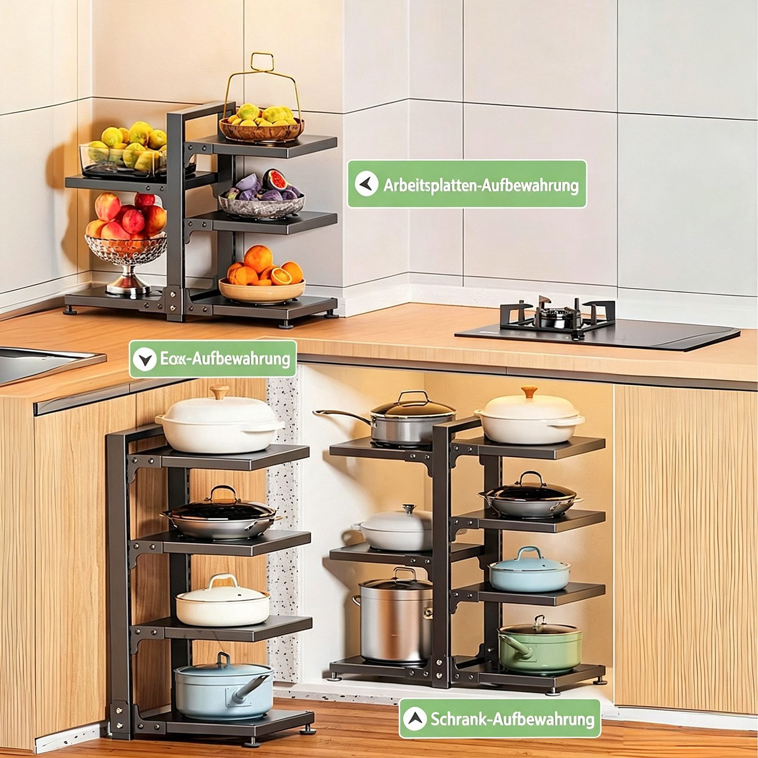 devesanter Küchenregal Topf‑ und Pfannenorganizer mit 7 verstellbaren Fächern, 51,5x21x53,5cm, 1-tlg., Topfregal Mehrzweckregal aus Kohlenstoffstahl, Schwarz – Bild 5 von 5