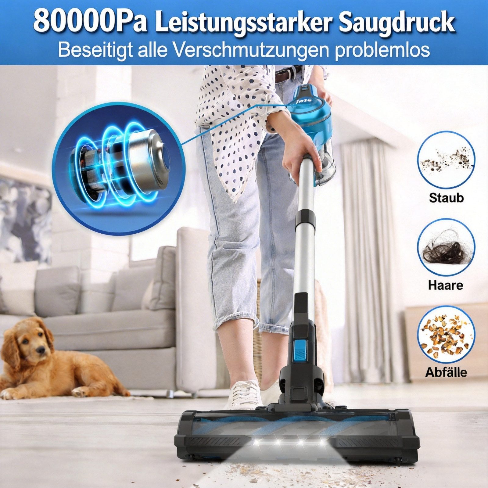 INSE Akku-Hand-und Stielstaubsauger Akku Staubsauger 80000Pa/300W/50Min, 1.8 L Staubsauger Kabellos, mit Beutel, 50dB leise/5-Stufen-Filter/LED Display, Ideal für Böden/Teppiche/Auto
