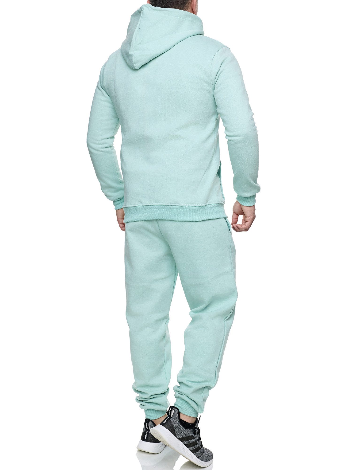 L.gonline Freizeitanzug Herren Jogginganzug einfarbig 100% BW 586 Mint Grün M (Kapuzenjacke mit Reißverschluss, Hose, 2-tlg), Fitness Freizeit Casual