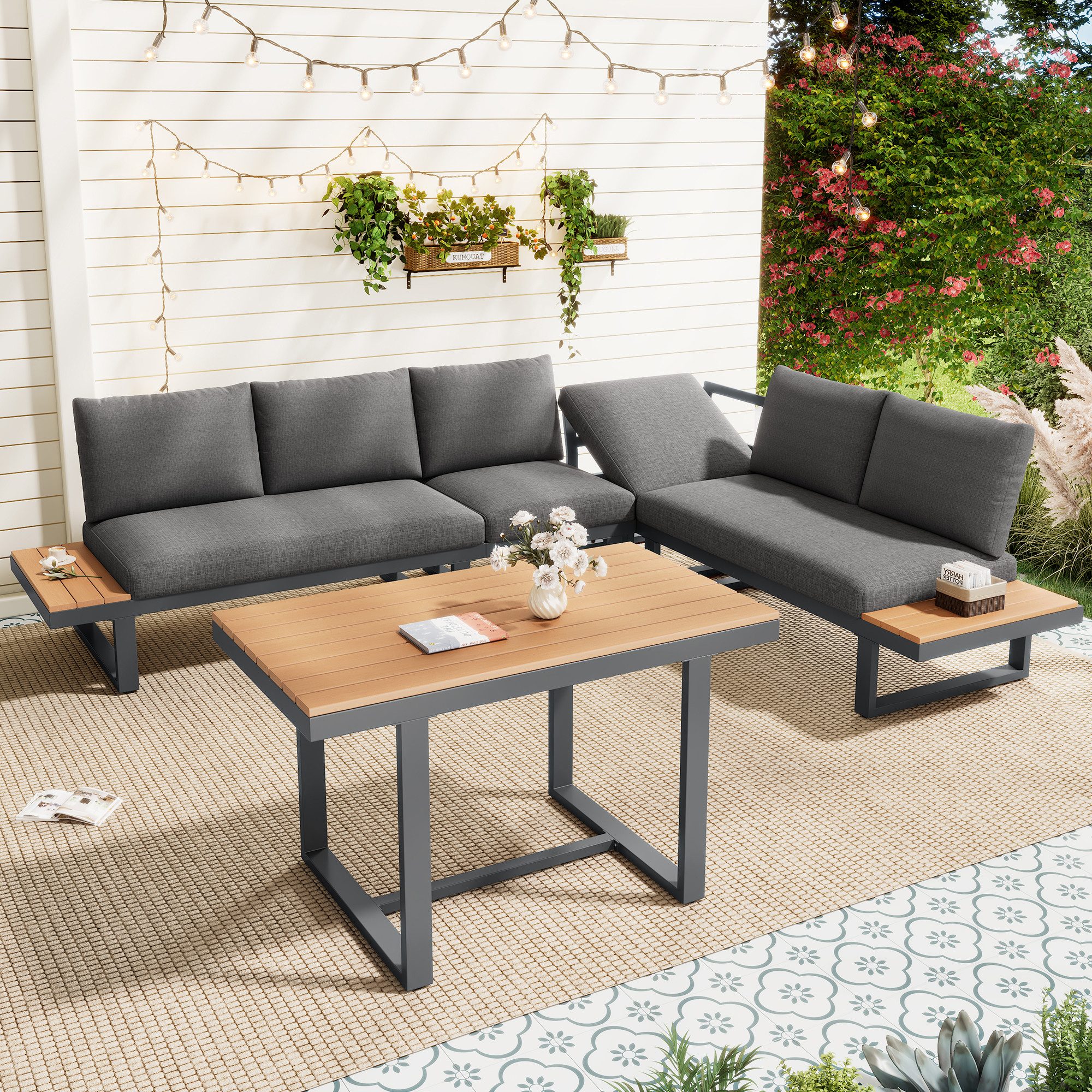 KLAM HOME Gartenlounge-Set Garten-Essgruppe Eck-Set mit 5‑stufiger Neigefunktion bis 55°, (Verzinktes Stahlrohr & Kunststoff-Holz Tischplatte, grau+schwarz), Wetterfestes Lounge‑Set für Garten & Terrasse