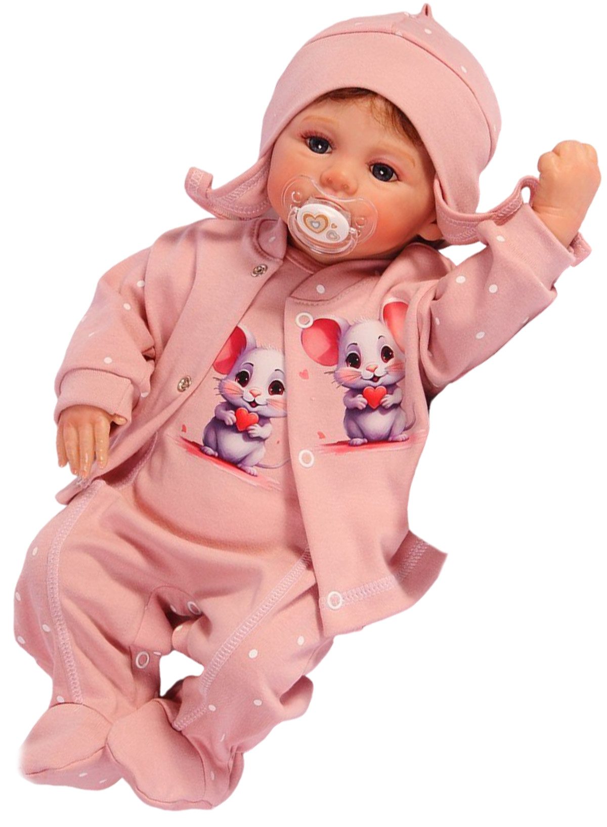 La Bortini Strampler Stramplerhose Mütze und Hemdchen Set Baby Anzug 3tlg in Puderrosa aus reiner Baumwolle, 44 50 56 62 68 74