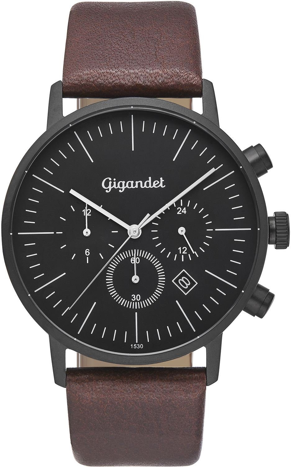 Gigandet Quarzuhr Armbanduhr, Herrenuhr, 24-Std. Anzeige, 42mm, MINIMALISM III G22-004, Mineralglas, 2. Zeitzone, Lederband, 3bar/30m wasserdicht