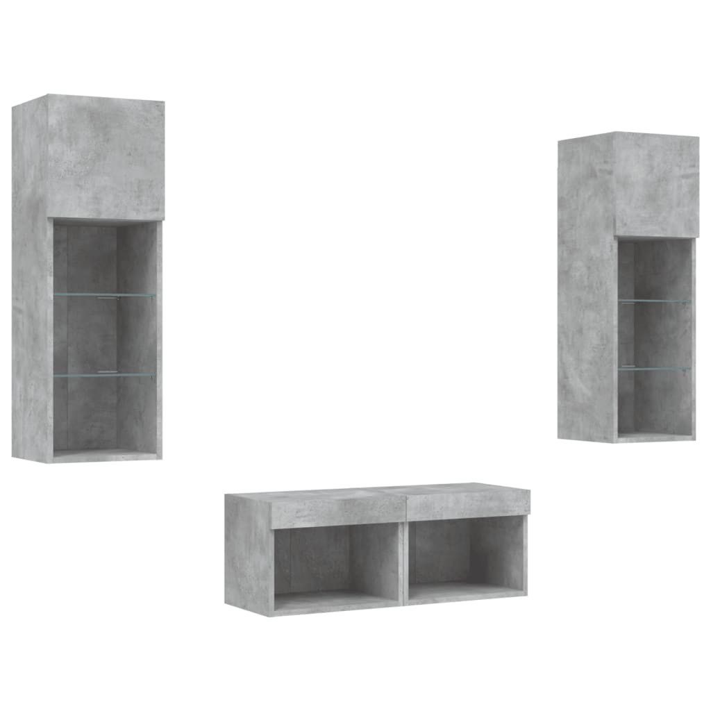 TV-Wand 4-tlg. TV-Wohnwand mit LED-Leuchten Betongrau