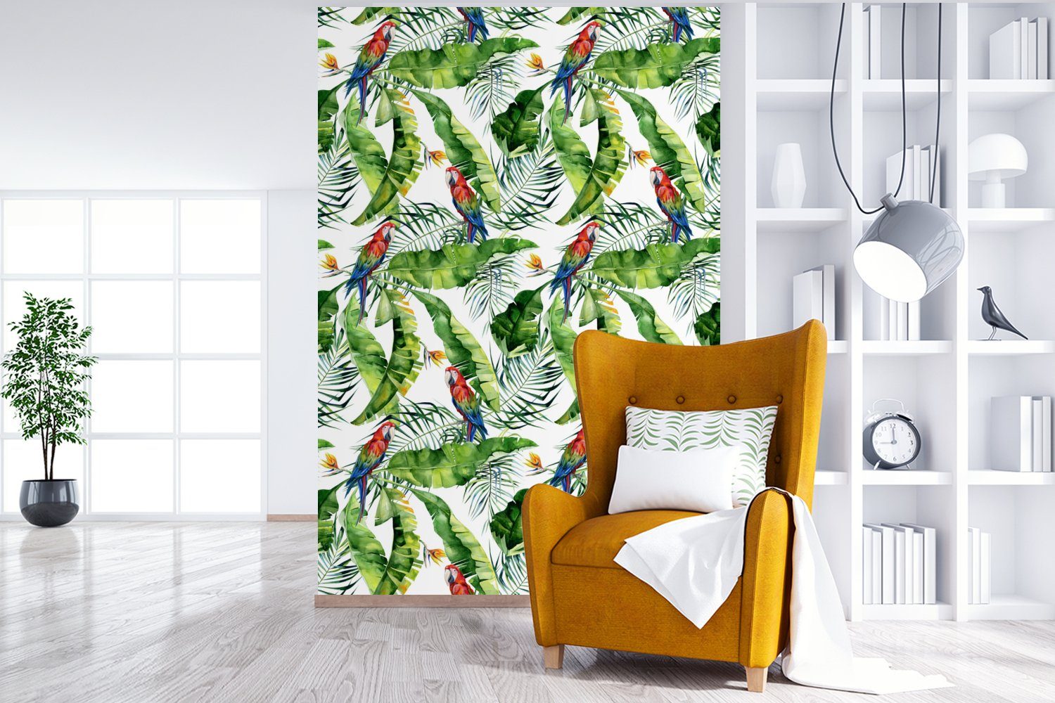 MuchoWow Fototapete Paradiesvogelpflanze bedruckt, Montagefertig (3 Vinyl Wohnzimmer, Tapete Matt, für - Papagei Wandtapete St), - Blätter