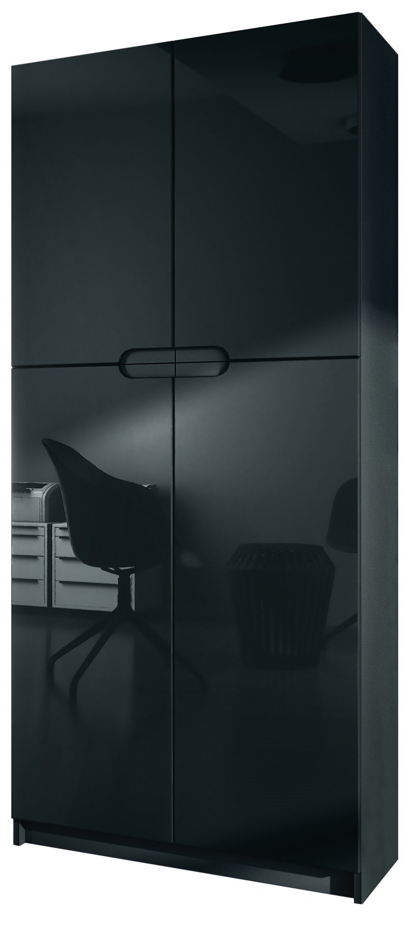 Vladon Aktenschrank Logan (Aktenschrank, mit 5 Fächern und 4 Türen) Schwarz matt/Schwarz Hochglanz (82 x 185 x 37 cm) Fronten in Schwarz Hochglanz | Aktenschränke