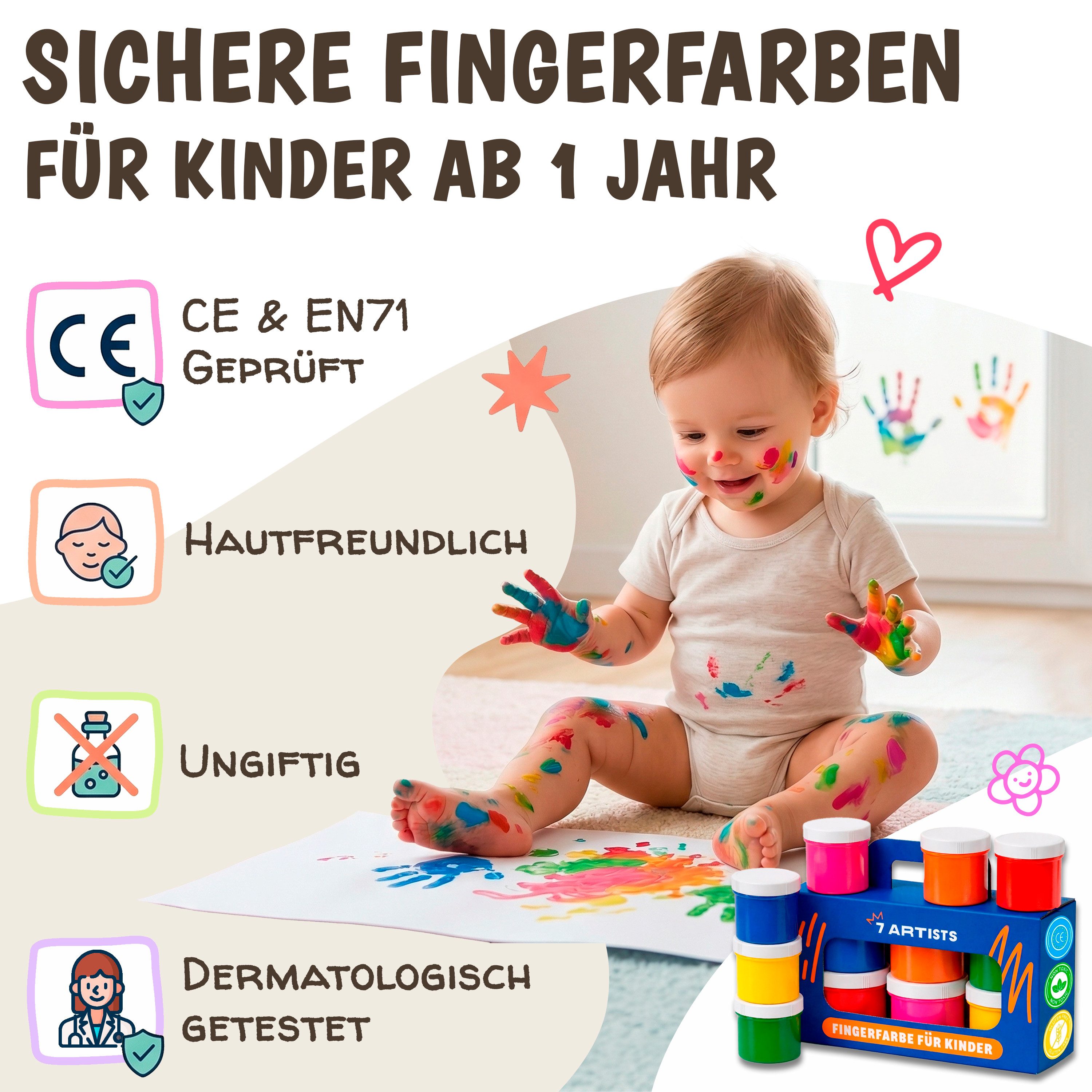 7 Artists Fingerfarbe Fingerfarben Kinder Set 6x60ml, Fingermalfarben Für Kinder