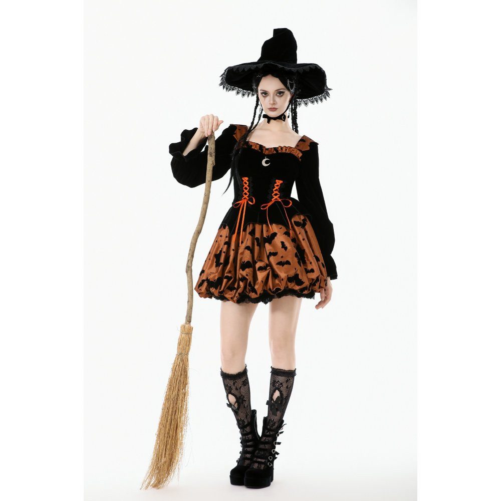 Dark in Love Maxikleid Dark in Love Halloween Kleid aus Samt mit Schnürung Fledermäuse Fledermaus-Ausbrennermuster