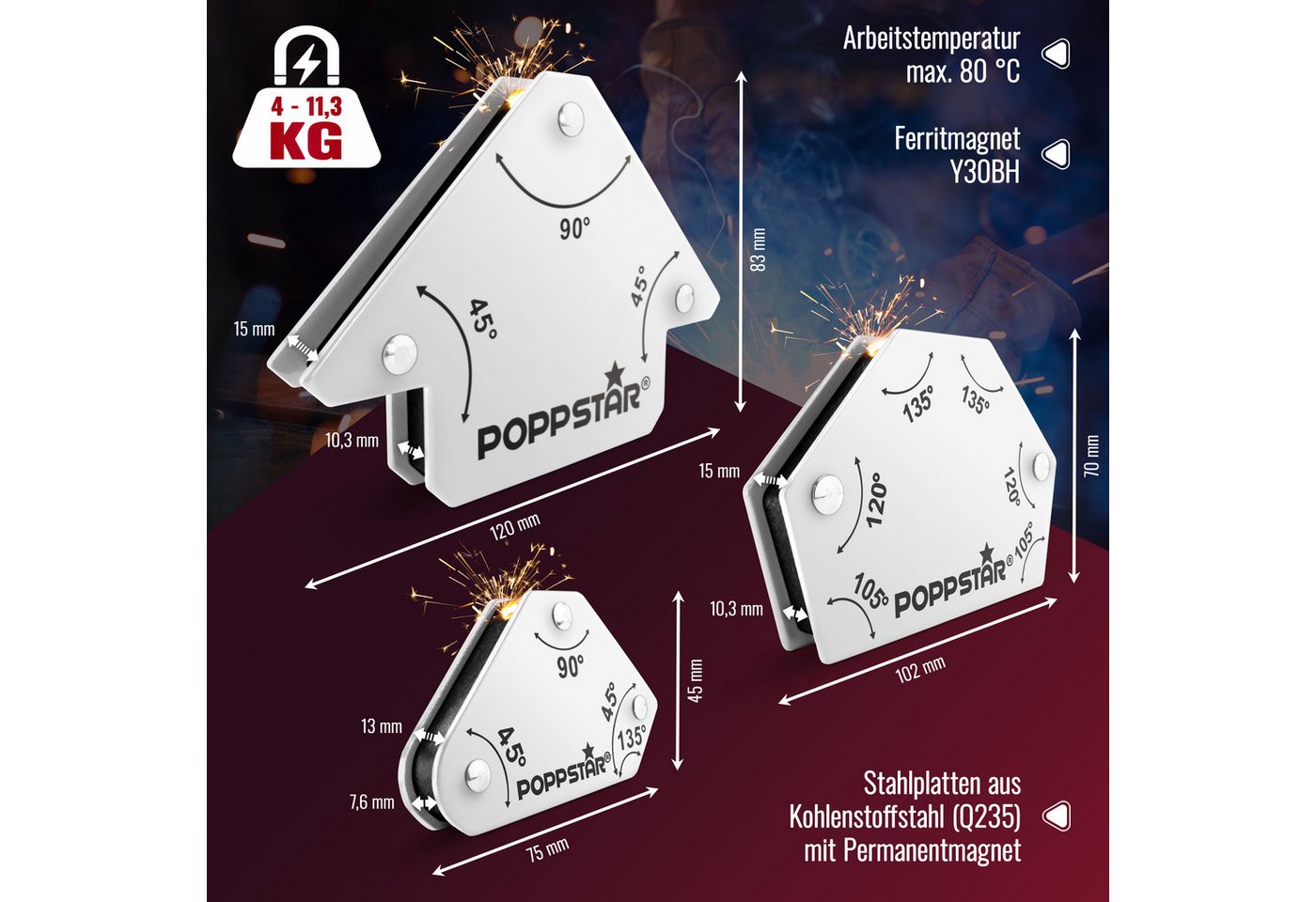 Thumbnail - Poppstar Magnet Schweißmagnet-Set (Winkel 45°, 90°, 135°, 30°, 60°, 75) (6-St), 2x Magnet-Schweißwinkel klein, 2x Magnet...