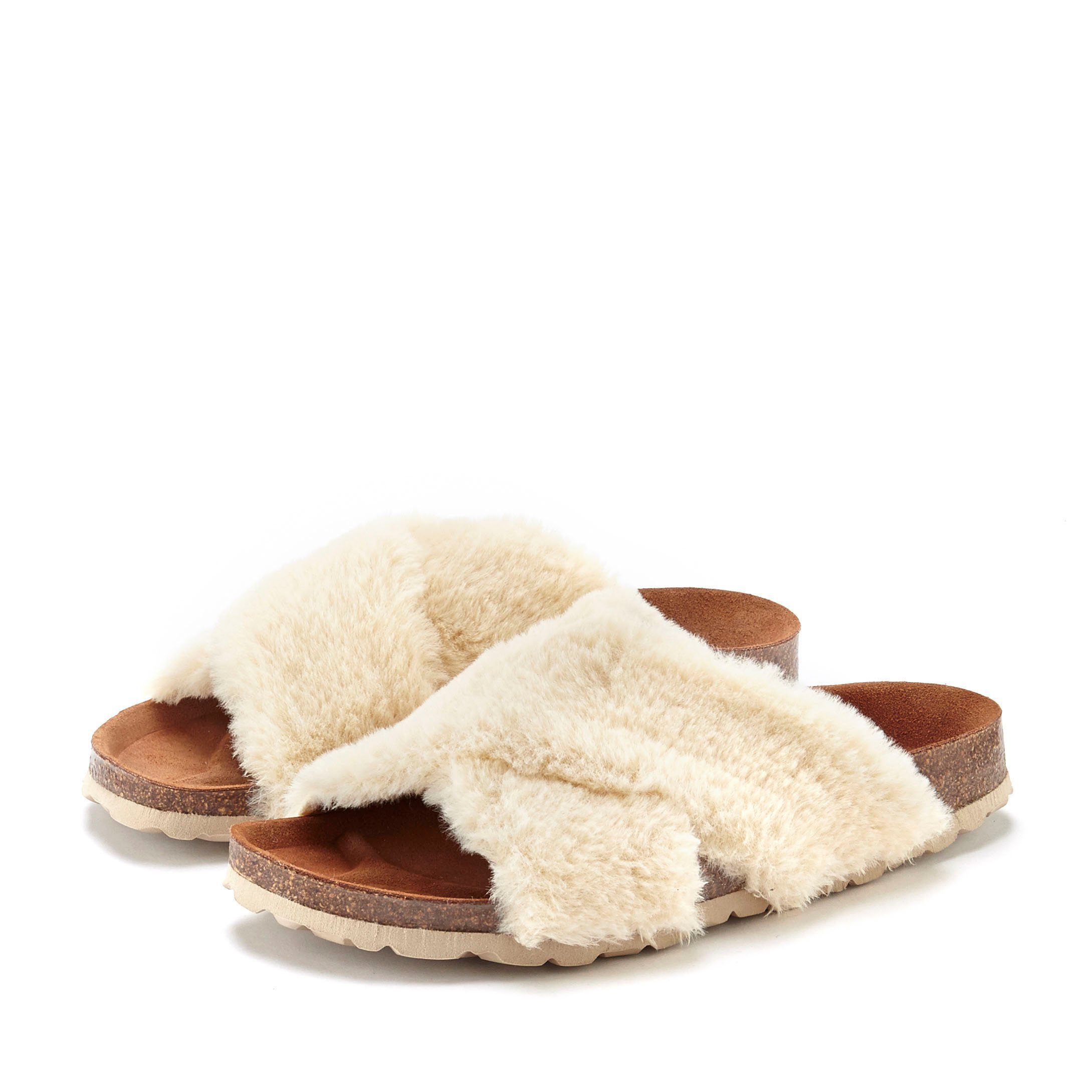 LASCANA Pantoffel Pantolette Mule, Sandale, offener Schuh, Hausschuh, Korkfußbett mit Fellimitat