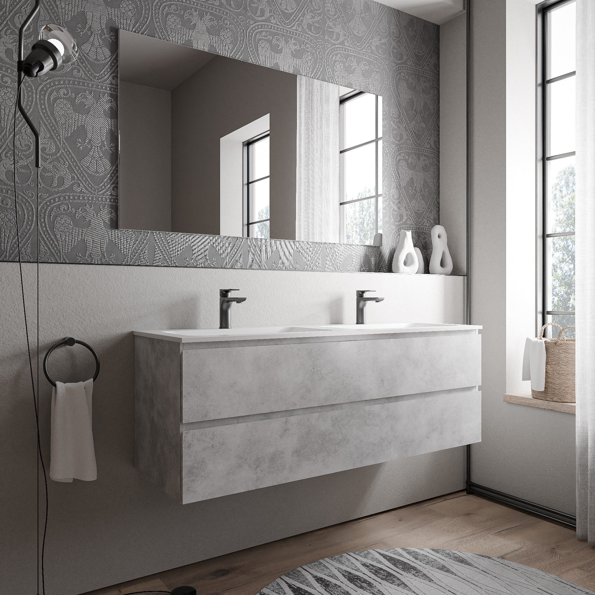 Bernstein Waschbeckenunterschrank AVA Beton 140cm Waschbecken Weiß matt mit Hahnloch Waschtischunterschrank mit Mineralguss-Doppelwaschbecken 2 Schubladen