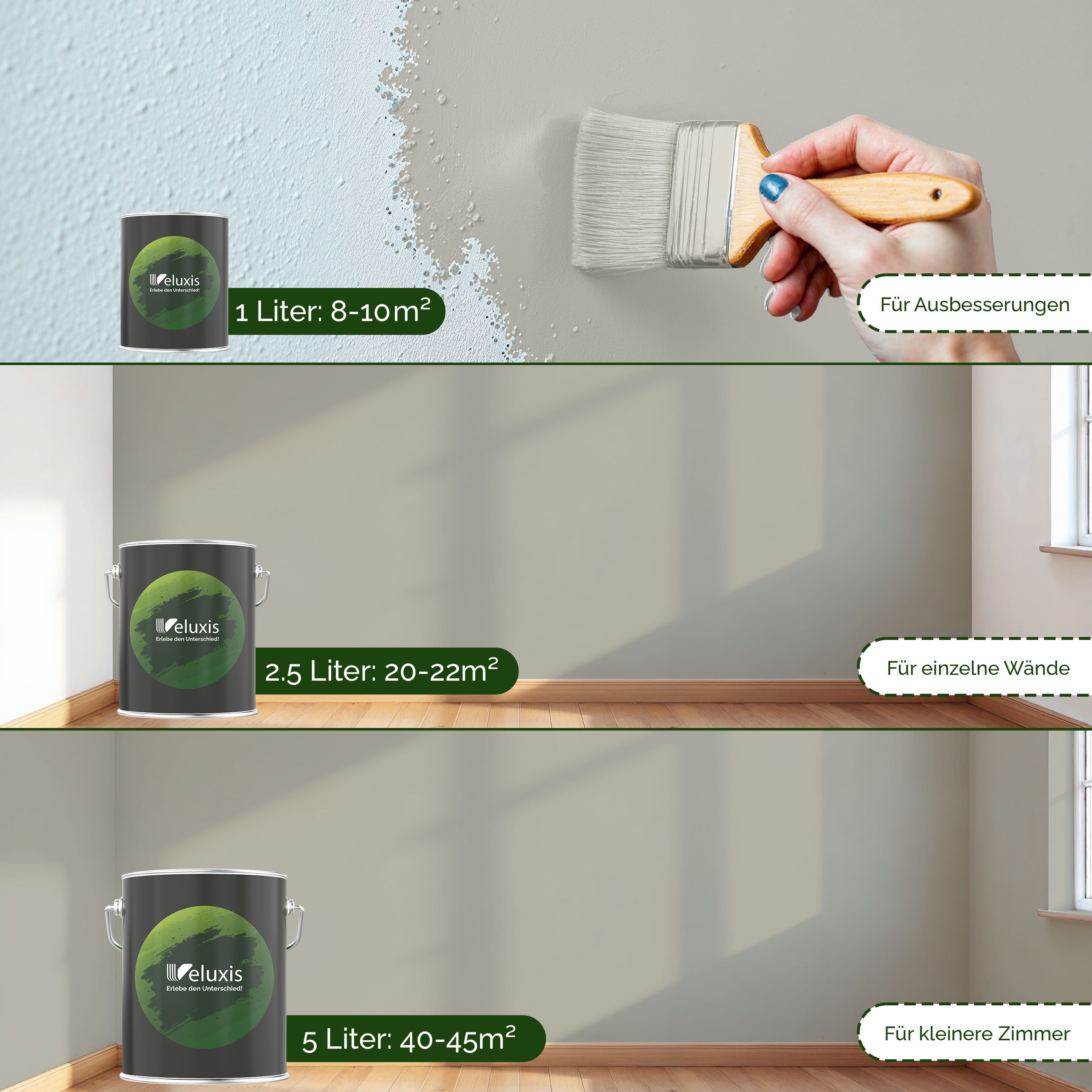 Veluxis Wandfarbe Veluxis® Edle Wandfarbe, für den Innenraum - Deckkraft-Klasse 1, Streifenfrei & tropfarm