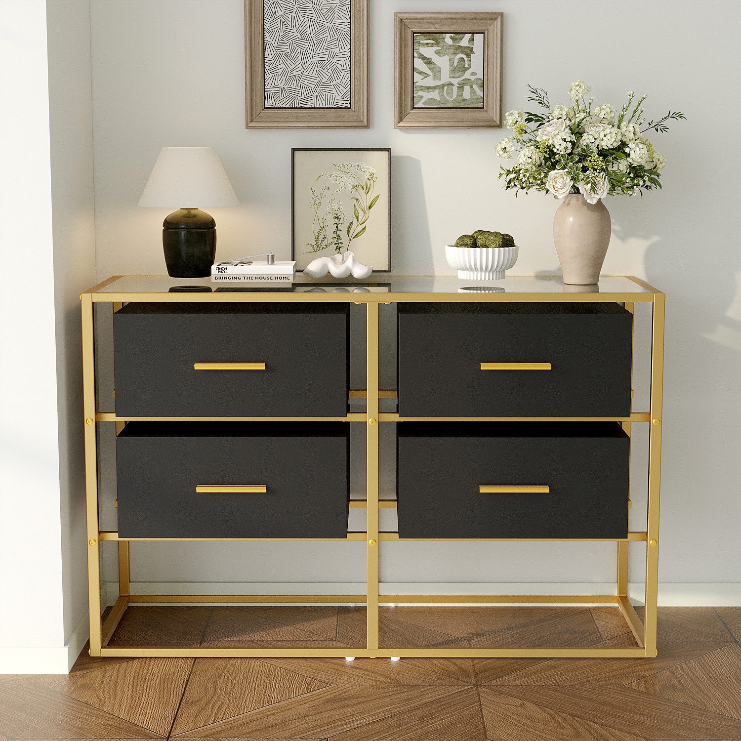 HOMSEE Sideboard Glas-Kommode mit 4 Schubladen, Schwarz-Gold, 100x35x65 cm (1 St)