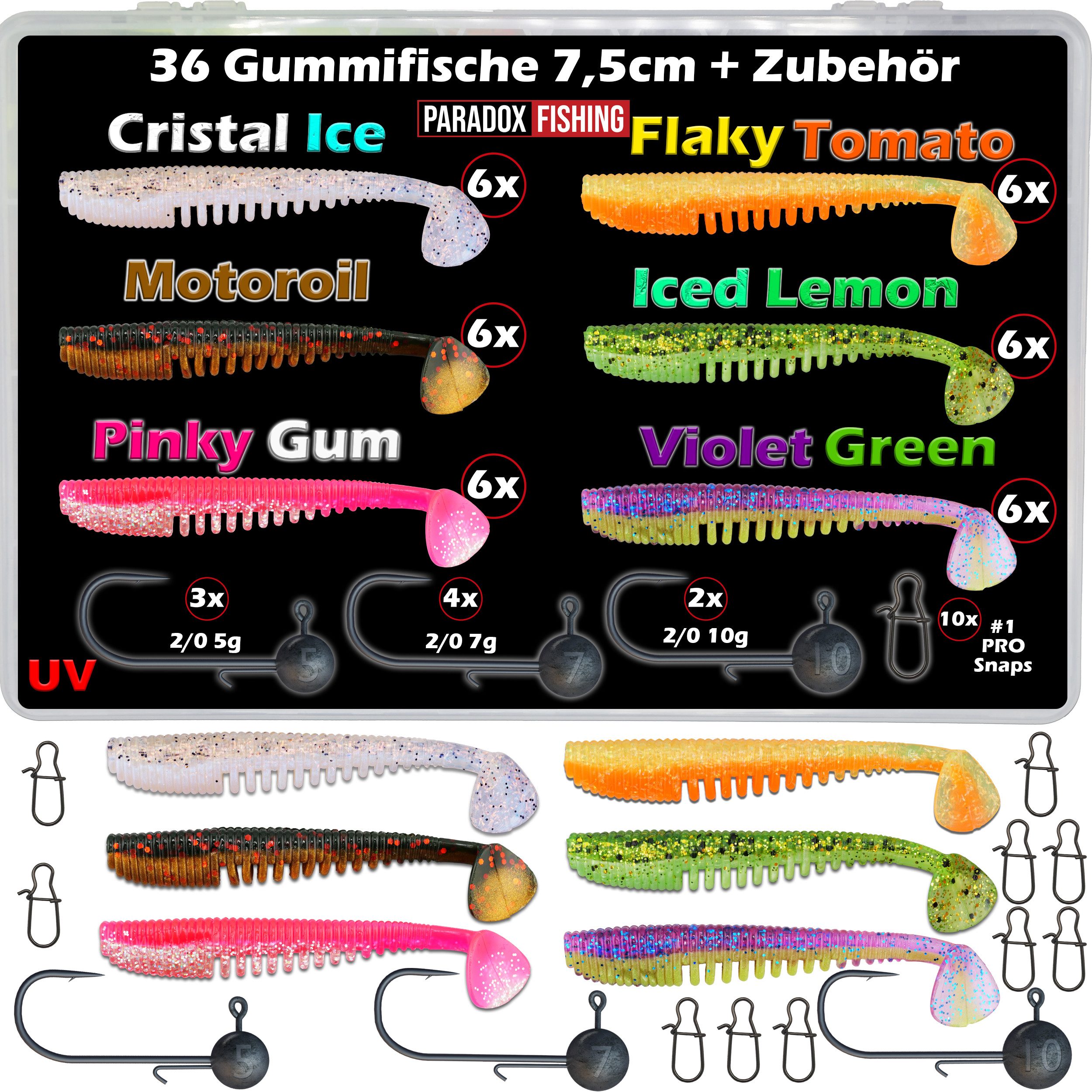 Paradox Fishing Kunstköder Perch Punk 7,5cm Barsch Gummifisch, UV-Aktiv, Squid-Aroma, 7-Stück