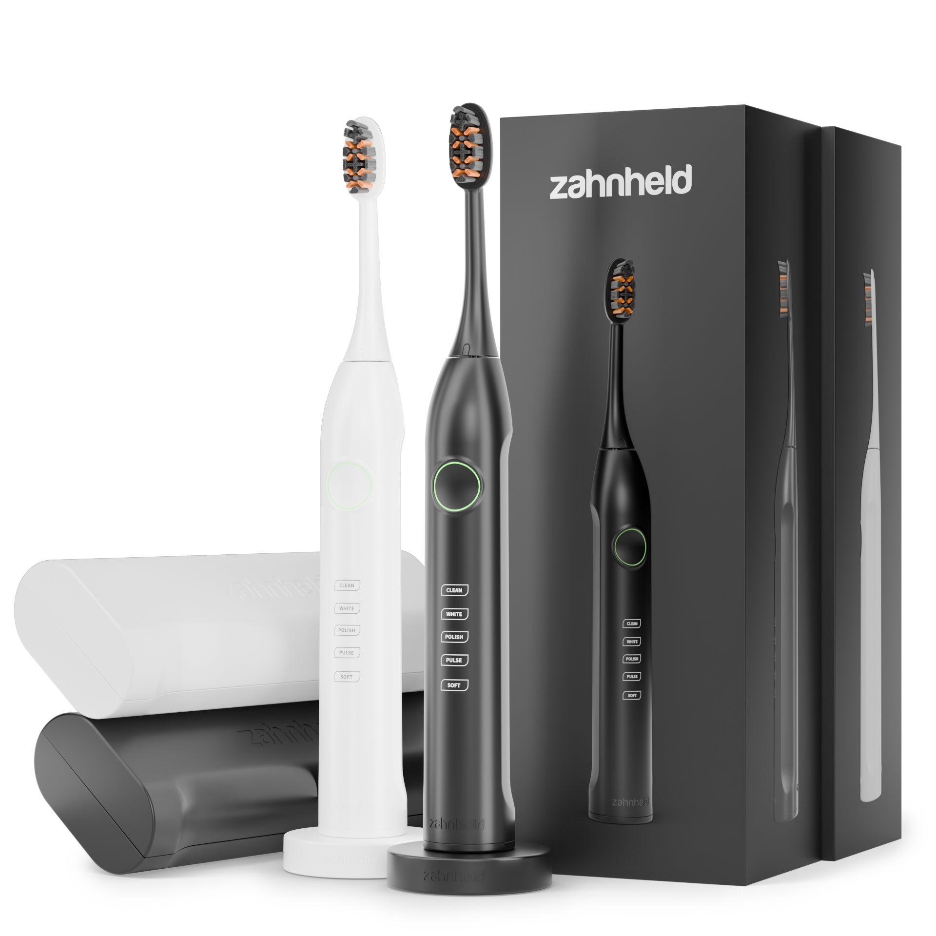 Zahnheld Elektrische Zahnbürste Schallzahnbürste Gero im Doppelpack mit Etui schwarz/weiß, 5 Putzmodi, Zahnpflege Set, Mundpflege, Reisezahnbürste, Zahnbürste mit Schall im Set, Zweierpack