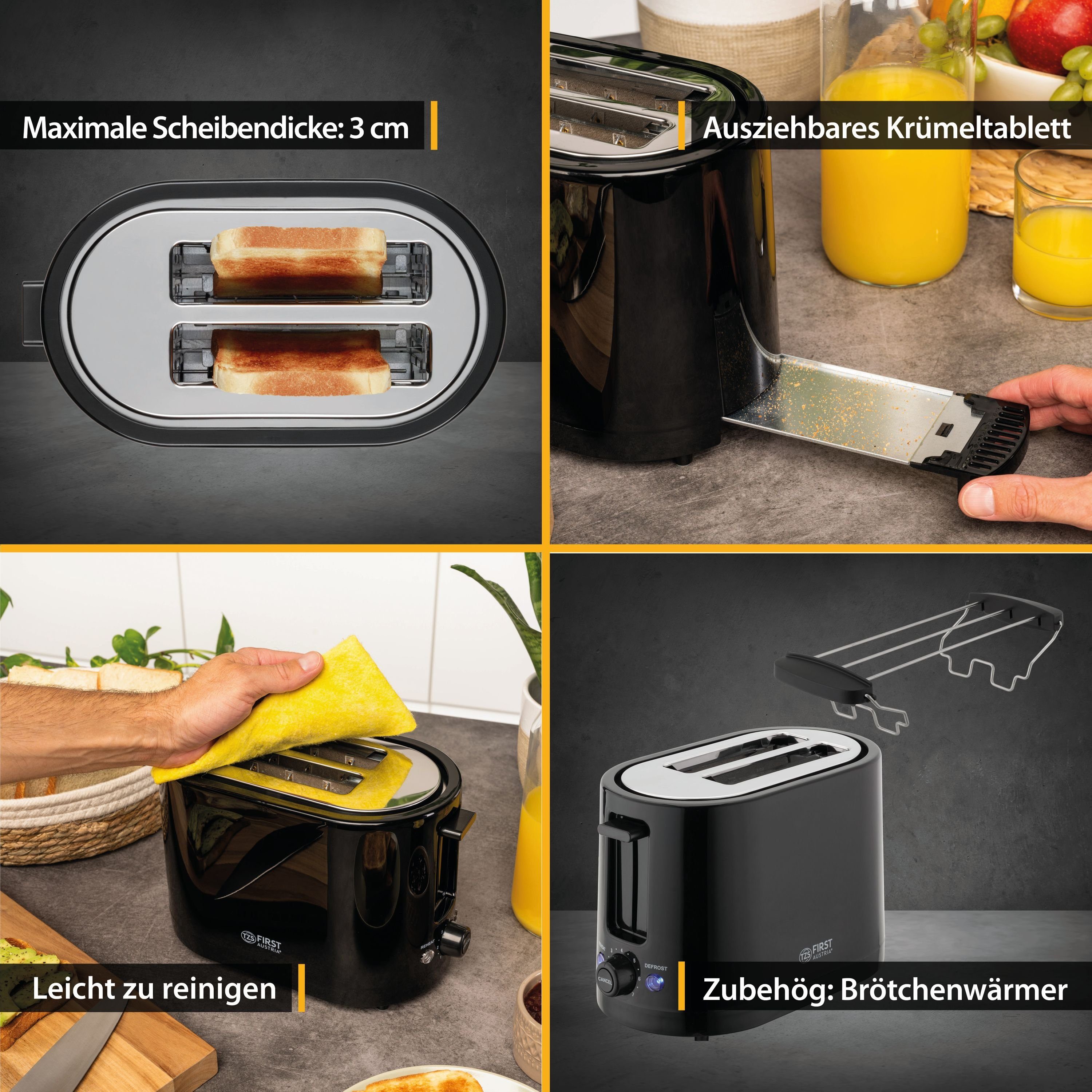 2 Warmhalte- 7 Auftaufunktion, TZS Stufen, inkl. Toaster FIRST für AUSTRIA Scheiben, Krümelschale und Toaster, schwarz,