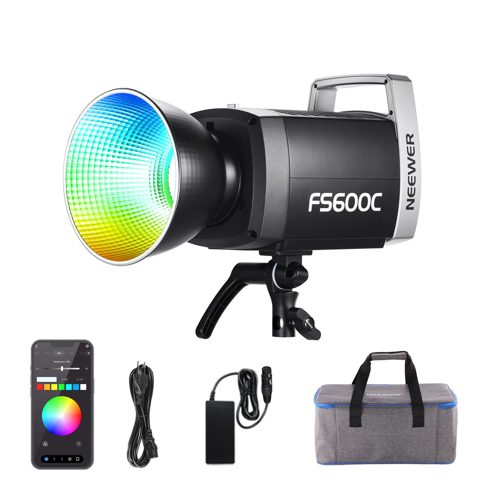 Neewer Videoleuchte FS600C 600W Pro RGB LED Videolicht mit APP/2,4G/DMX Steuerung, 2500–7500K, 52500Lx/1m COB Dauerlicht, CRI95+/TLCI97+ Spotlicht